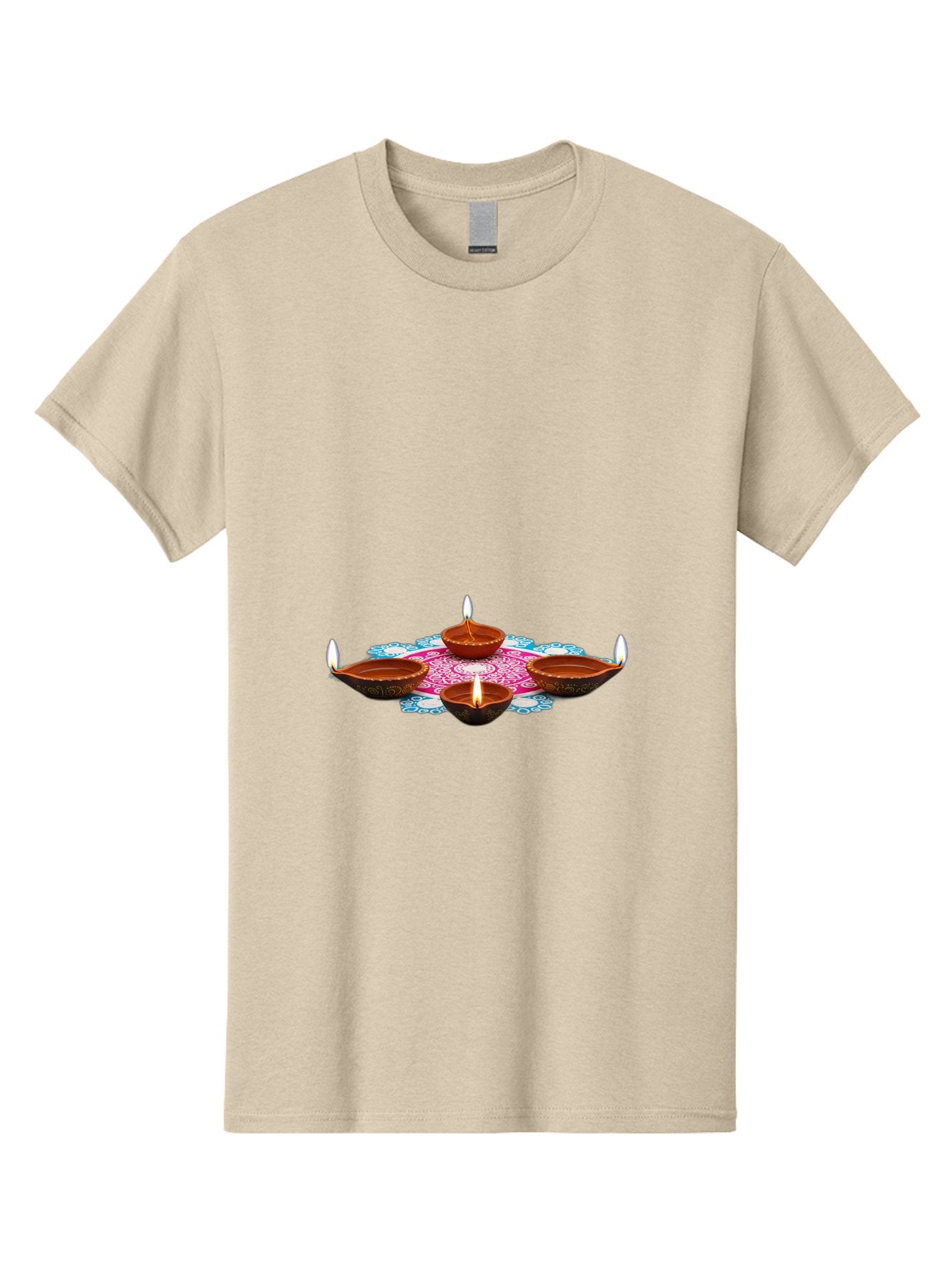 Diya-Set Men'S Graphic Tee, 100% Cotton, Comfortable Casual Summer Wear, Machine Washable, Traditional Indian Diyas, Lit Candles, Intricate Mandala Design, Cultural Heritage, Vibrant Colors, Festive Atmosphere, Spiritual Ambiance, Bad028 5