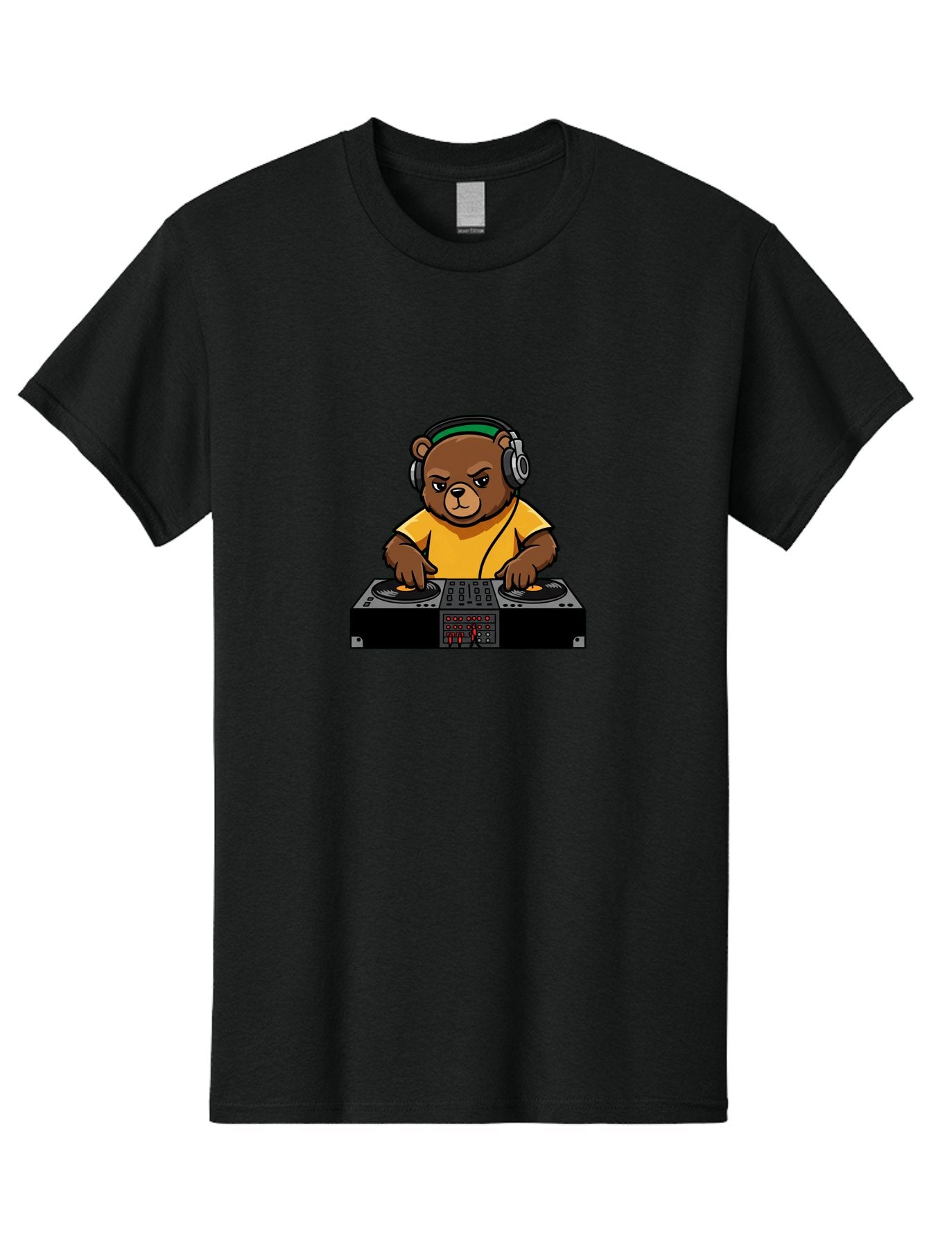 Dj-Bear Men'S Graphic Tee, 100% Cotton, Comfortable Casual Summer Wear, Machine Washable, Dj Bear Mixing Tracks, Cartoon Character, Yellow Shirt, Headphones On, Dj Controller, Music Production, Electronic Dance Music, Edm, Djing Bad034 11