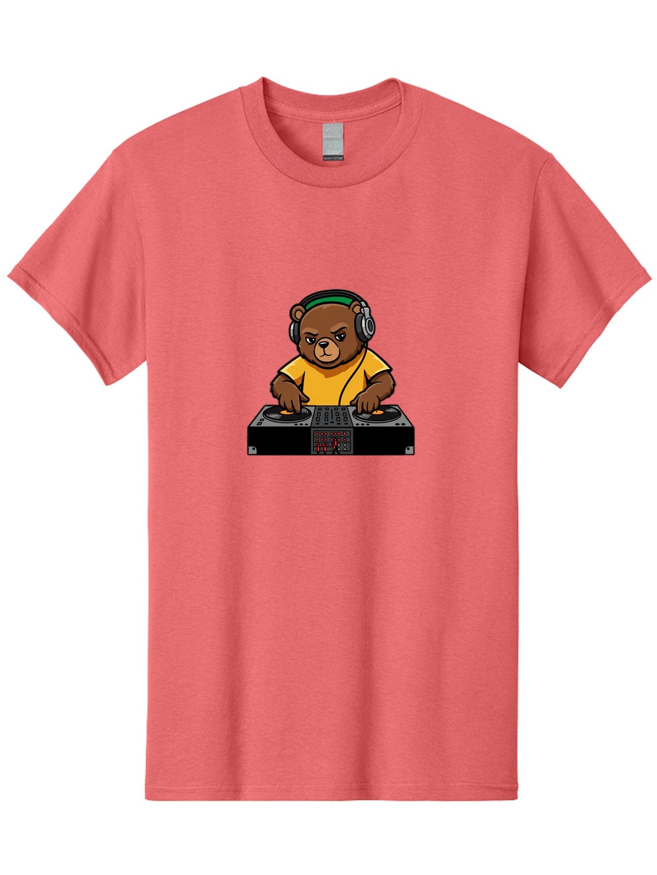 Dj-Bear Men'S Graphic Tee, 100% Cotton, Comfortable Casual Summer Wear, Machine Washable, Dj Bear Mixing Tracks, Cartoon Character, Yellow Shirt, Headphones On, Dj Controller, Music Production, Electronic Dance Music, Edm, Djing Bad034 9