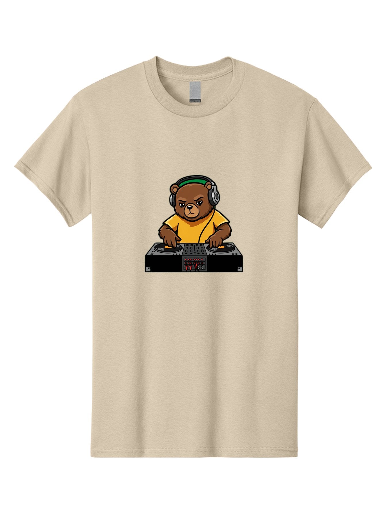 Dj-Bear Men'S Graphic Tee, 100% Cotton, Comfortable Casual Summer Wear, Machine Washable, Dj Bear Mixing Tracks, Cartoon Character, Yellow Shirt, Headphones On, Dj Controller, Music Production, Electronic Dance Music, Edm, Djing Bad034 6
