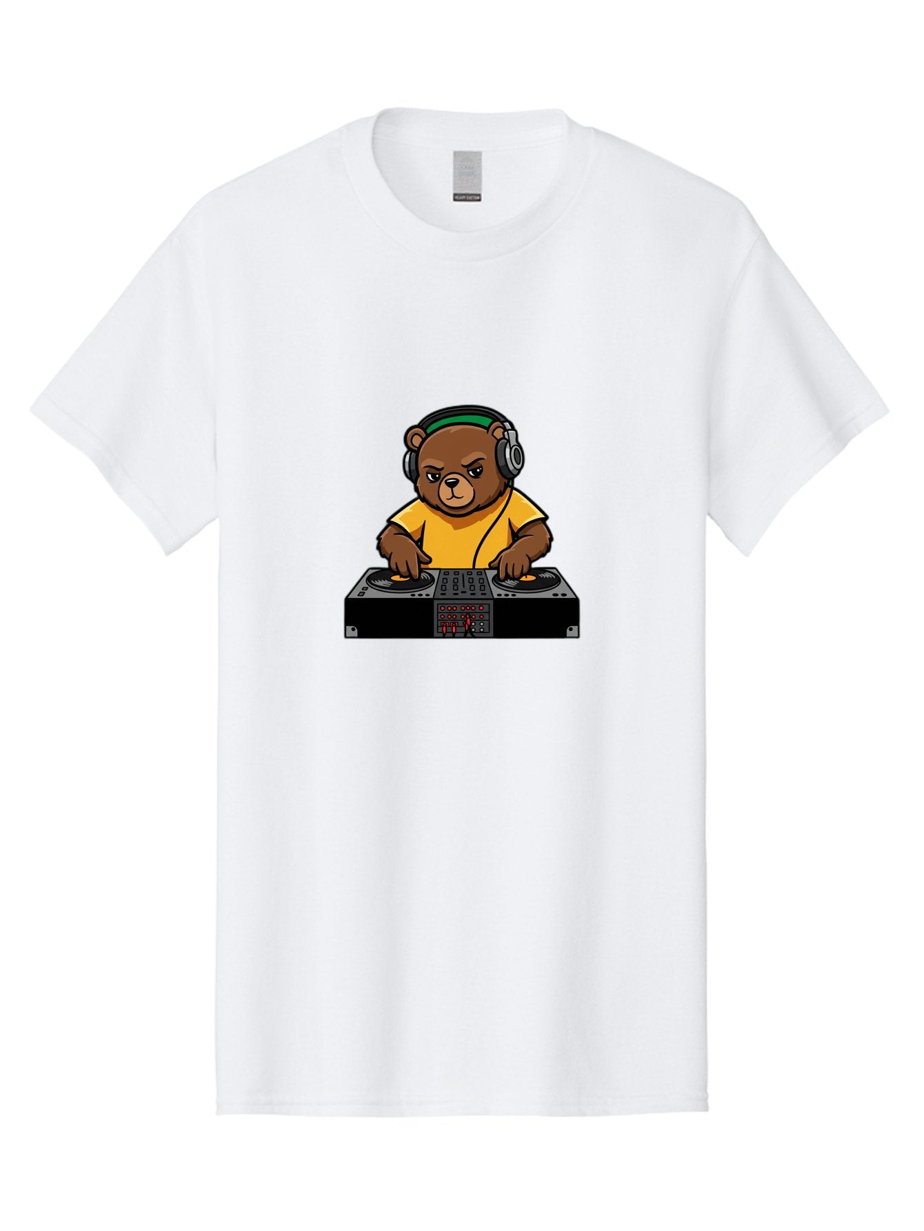 Dj-Bear Men'S Graphic Tee, 100% Cotton, Comfortable Casual Summer Wear, Machine Washable, Dj Bear Mixing Tracks, Cartoon Character, Yellow Shirt, Headphones On, Dj Controller, Music Production, Electronic Dance Music, Edm, Djing Bad034 8