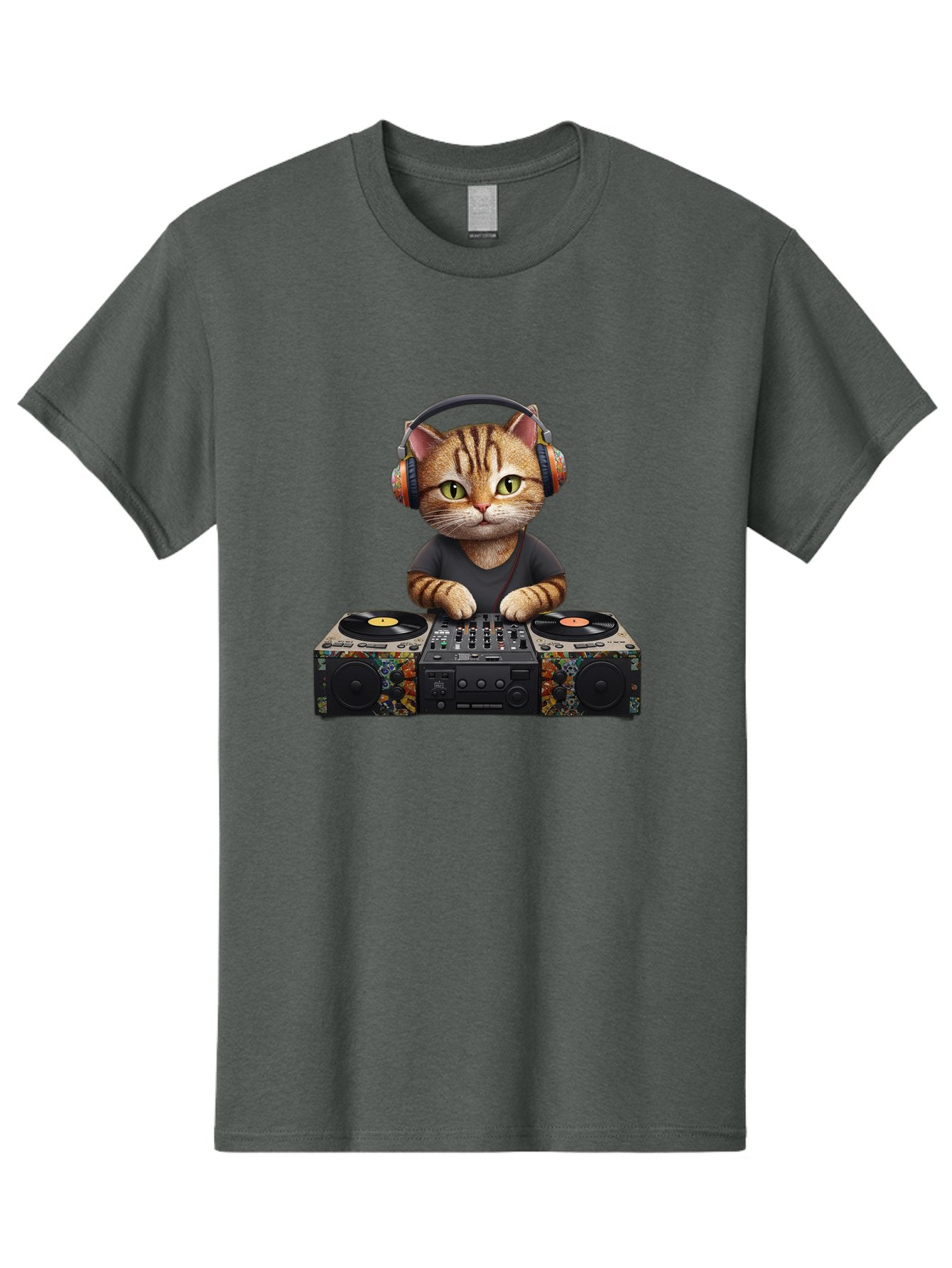 Dj-Cat-1 Men'S Graphic Tee, 100% Cotton, Comfortable Casual Summer Wear, Machine Washable, Cat Wearing Headphones, Dj Equipment, Turntables, Mixer, Music Production, Electronic Dance Music, Feline Dj, Vinyl Records, Music Mixing, Bad035 11