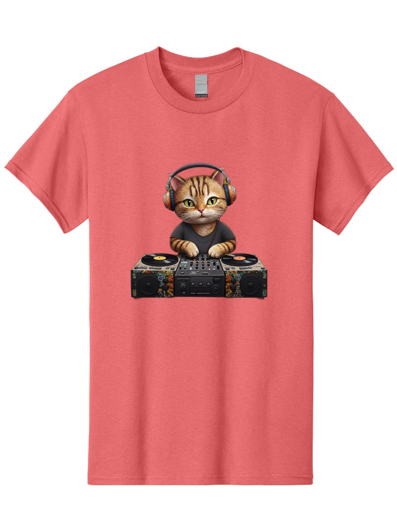 Dj-Cat-1 Men'S Graphic Tee, 100% Cotton, Comfortable Casual Summer Wear, Machine Washable, Cat Wearing Headphones, Dj Equipment, Turntables, Mixer, Music Production, Electronic Dance Music, Feline Dj, Vinyl Records, Music Mixing, Bad035 15