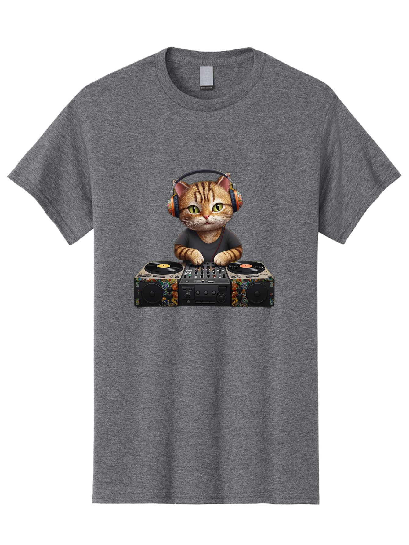 Dj-Cat-1 Men'S Graphic Tee, 100% Cotton, Comfortable Casual Summer Wear, Machine Washable, Cat Wearing Headphones, Dj Equipment, Turntables, Mixer, Music Production, Electronic Dance Music, Feline Dj, Vinyl Records, Music Mixing, Bad035 12