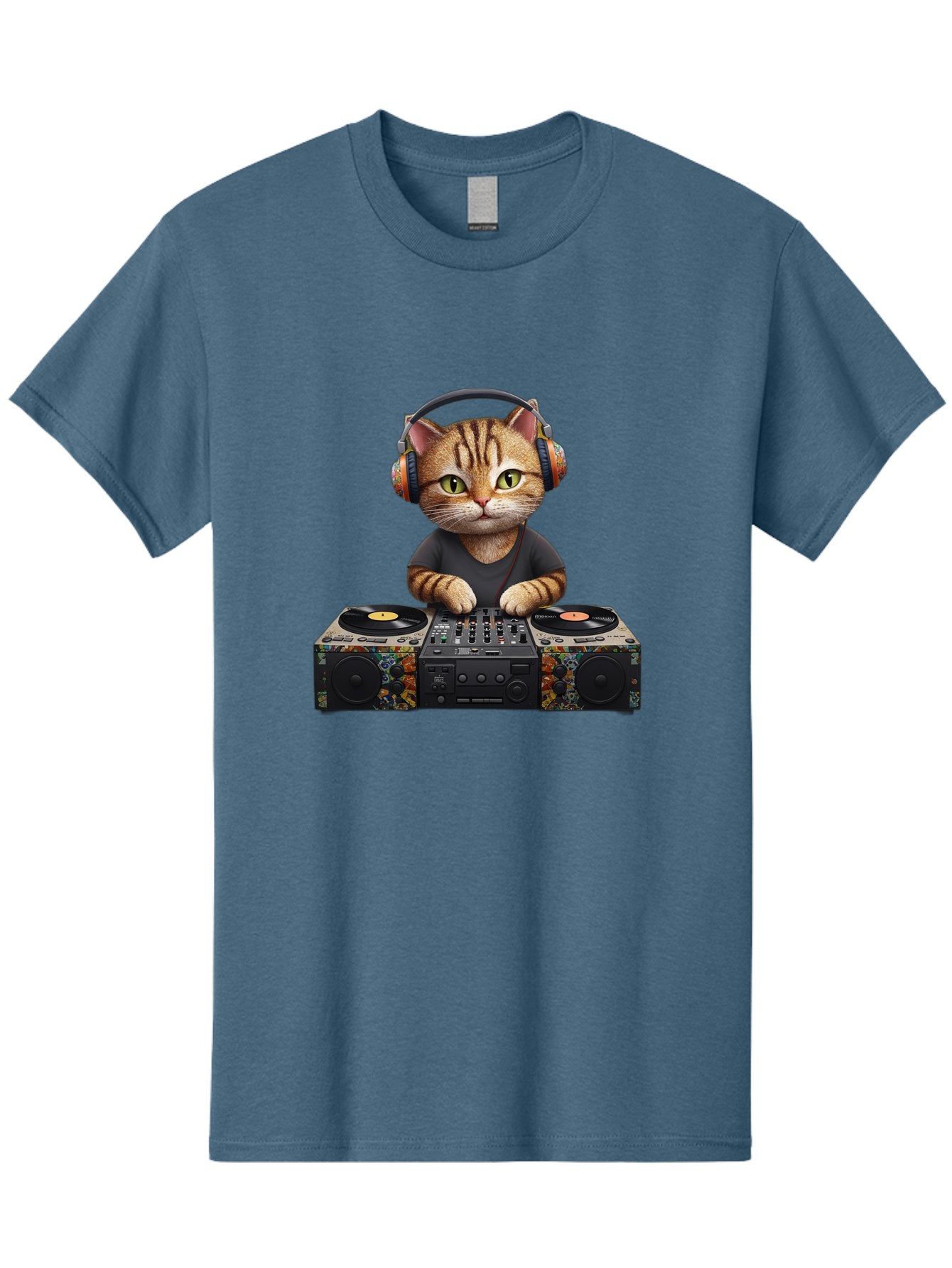 Dj-Cat-1 Men'S Graphic Tee, 100% Cotton, Comfortable Casual Summer Wear, Machine Washable, Cat Wearing Headphones, Dj Equipment, Turntables, Mixer, Music Production, Electronic Dance Music, Feline Dj, Vinyl Records, Music Mixing, Bad035 13