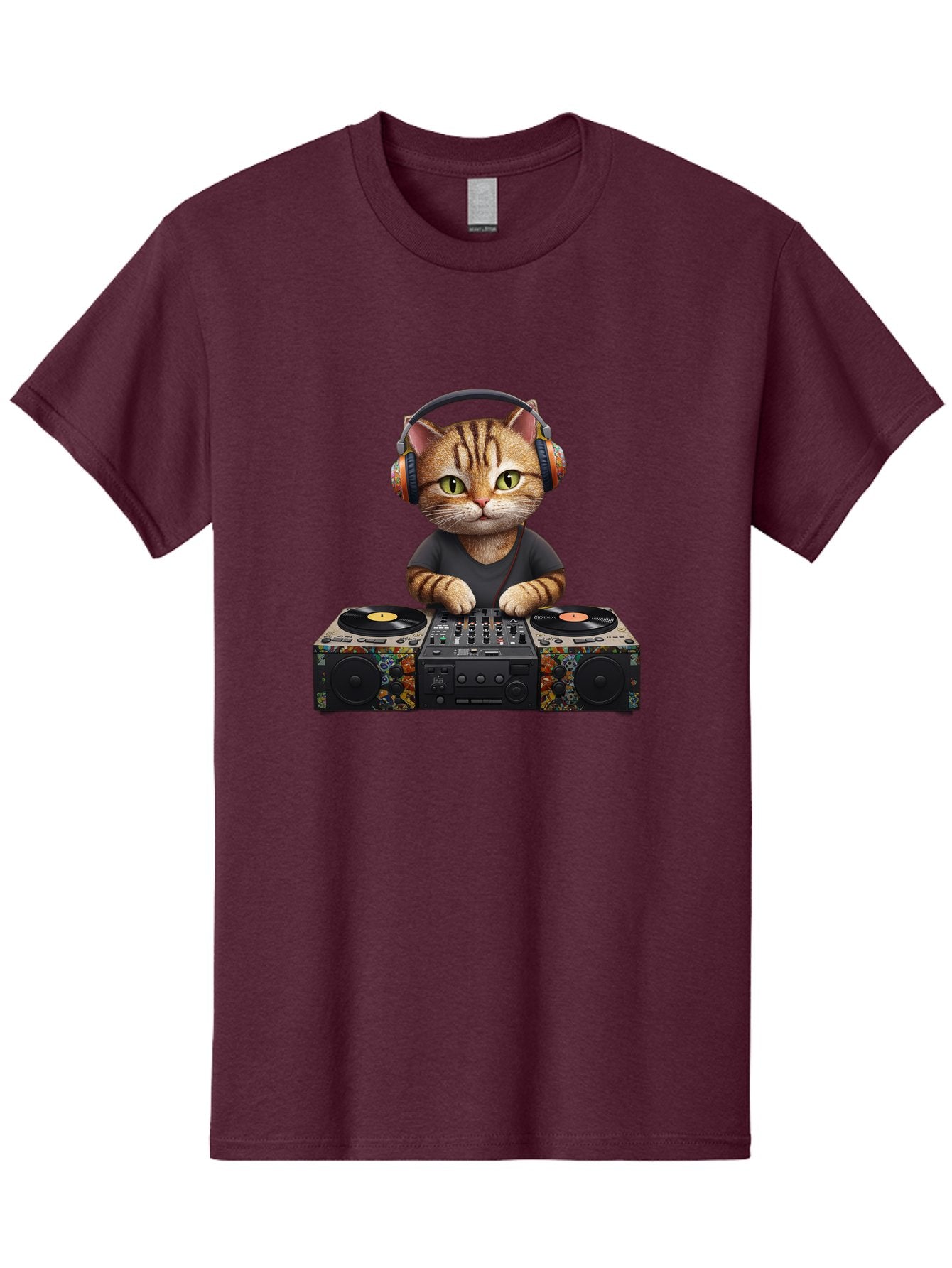 Dj-Cat-1 Men'S Graphic Tee, 100% Cotton, Comfortable Casual Summer Wear, Machine Washable, Cat Wearing Headphones, Dj Equipment, Turntables, Mixer, Music Production, Electronic Dance Music, Feline Dj, Vinyl Records, Music Mixing, Bad035 7