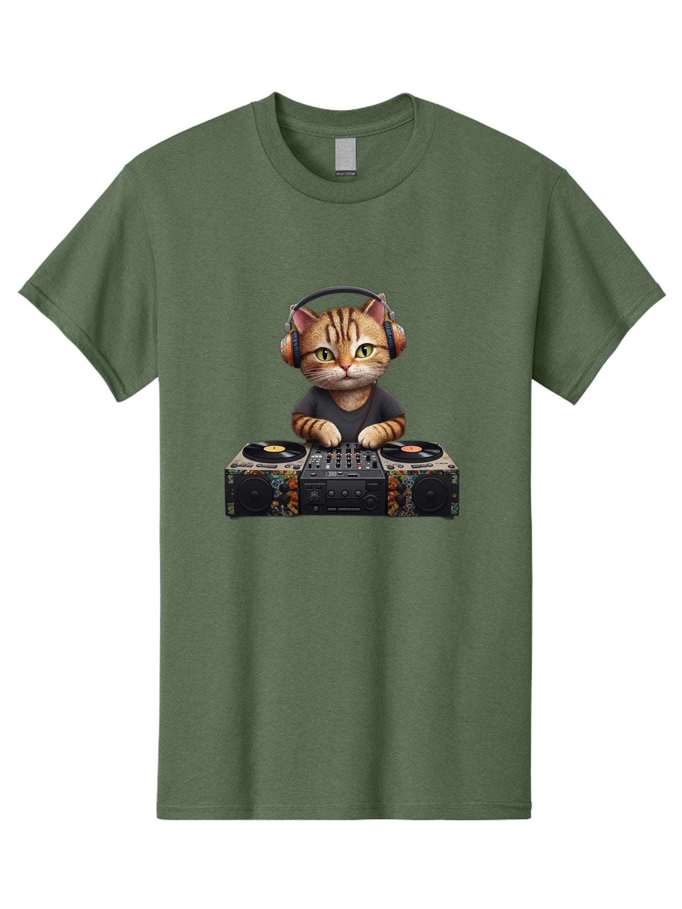 Dj-Cat-1 Men'S Graphic Tee, 100% Cotton, Comfortable Casual Summer Wear, Machine Washable, Cat Wearing Headphones, Dj Equipment, Turntables, Mixer, Music Production, Electronic Dance Music, Feline Dj, Vinyl Records, Music Mixing, Bad035 9