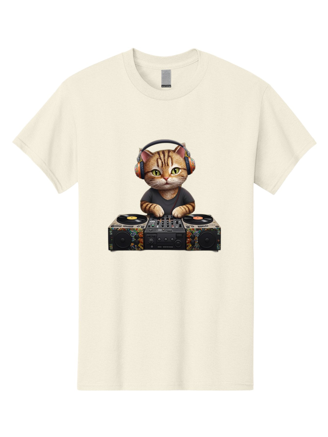 Dj-Cat-1 Men'S Graphic Tee, 100% Cotton, Comfortable Casual Summer Wear, Machine Washable, Cat Wearing Headphones, Dj Equipment, Turntables, Mixer, Music Production, Electronic Dance Music, Feline Dj, Vinyl Records, Music Mixing, Bad035