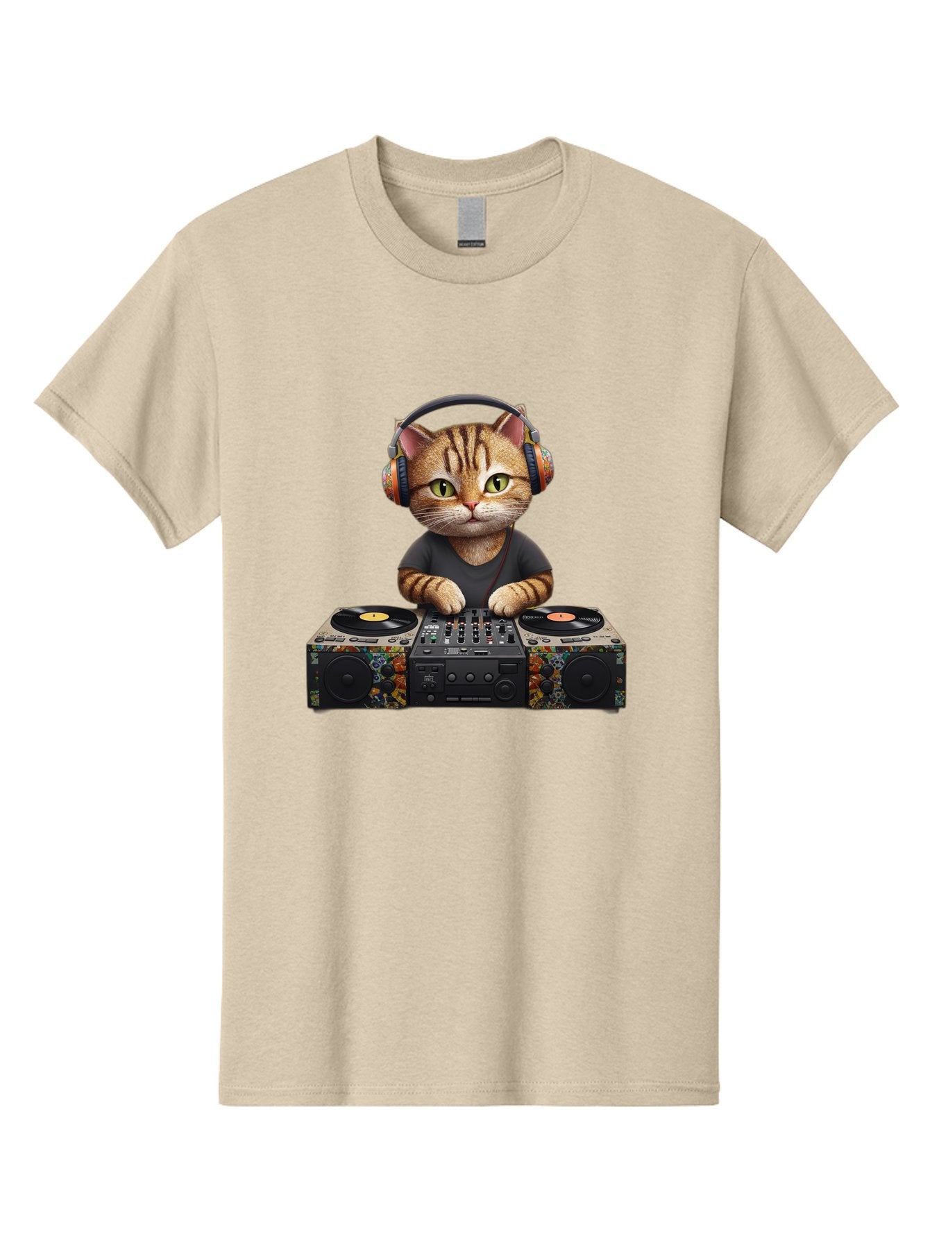 Dj-Cat-1 Men'S Graphic Tee, 100% Cotton, Comfortable Casual Summer Wear, Machine Washable, Cat Wearing Headphones, Dj Equipment, Turntables, Mixer, Music Production, Electronic Dance Music, Feline Dj, Vinyl Records, Music Mixing, Bad035