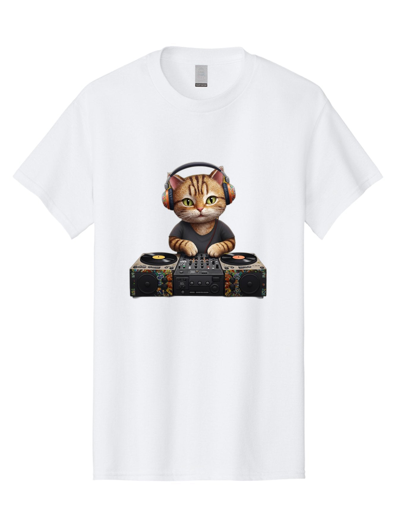 Dj-Cat-1 Men'S Graphic Tee, 100% Cotton, Comfortable Casual Summer Wear, Machine Washable, Cat Wearing Headphones, Dj Equipment, Turntables, Mixer, Music Production, Electronic Dance Music, Feline Dj, Vinyl Records, Music Mixing, Bad035 10