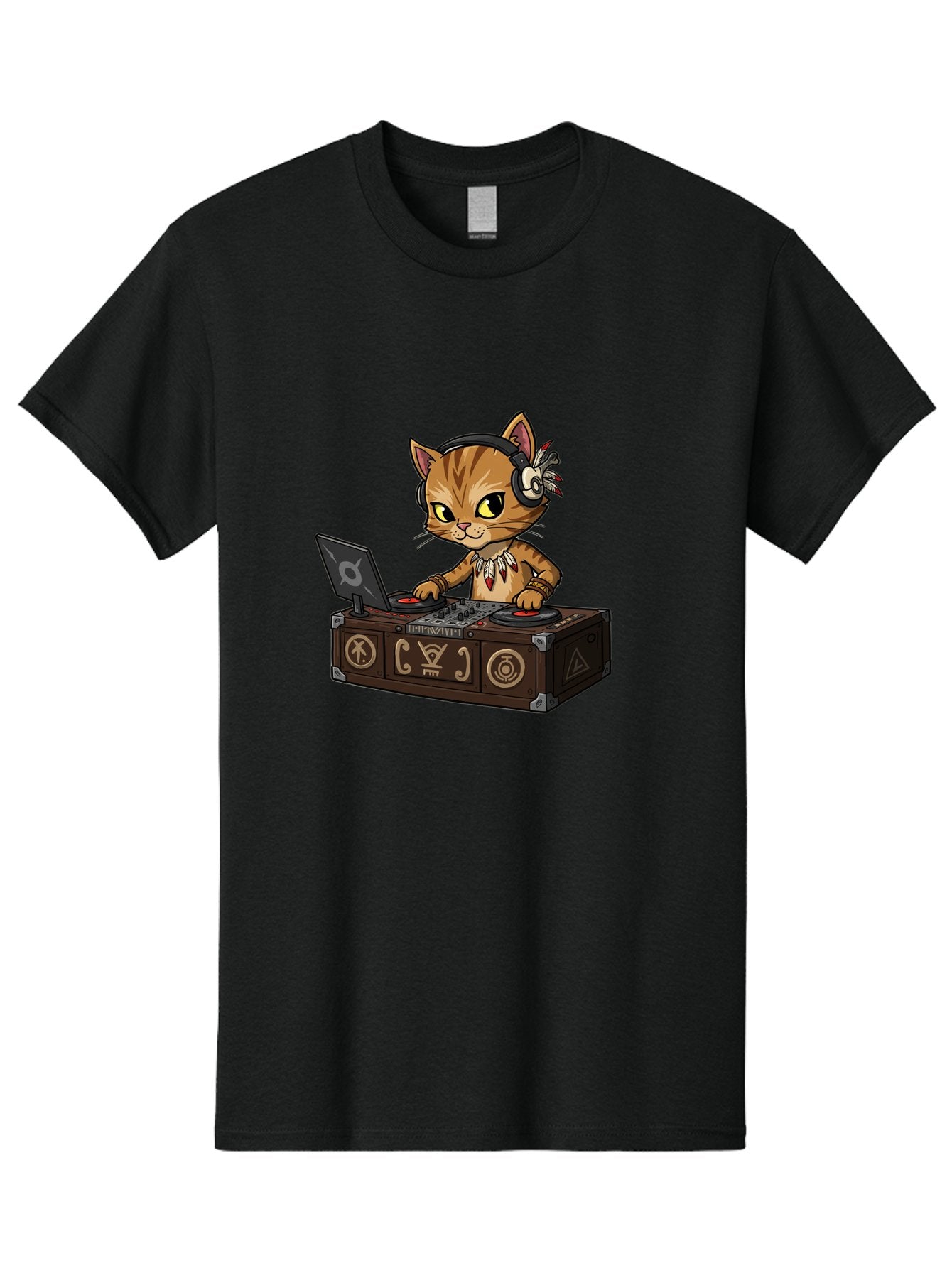 Dj-Cat-2 Men'S Graphic Tee, 100% Cotton, Comfortable Casual Summer Wear, Machine Washable, Cartoon Cat Dj, Mixing Music, Laptop And Turntables, Beat Maker, Electronic Dance Music, Dj Equipment, Feline Dj, Music Producer, Turntable Controls, Bad036 12