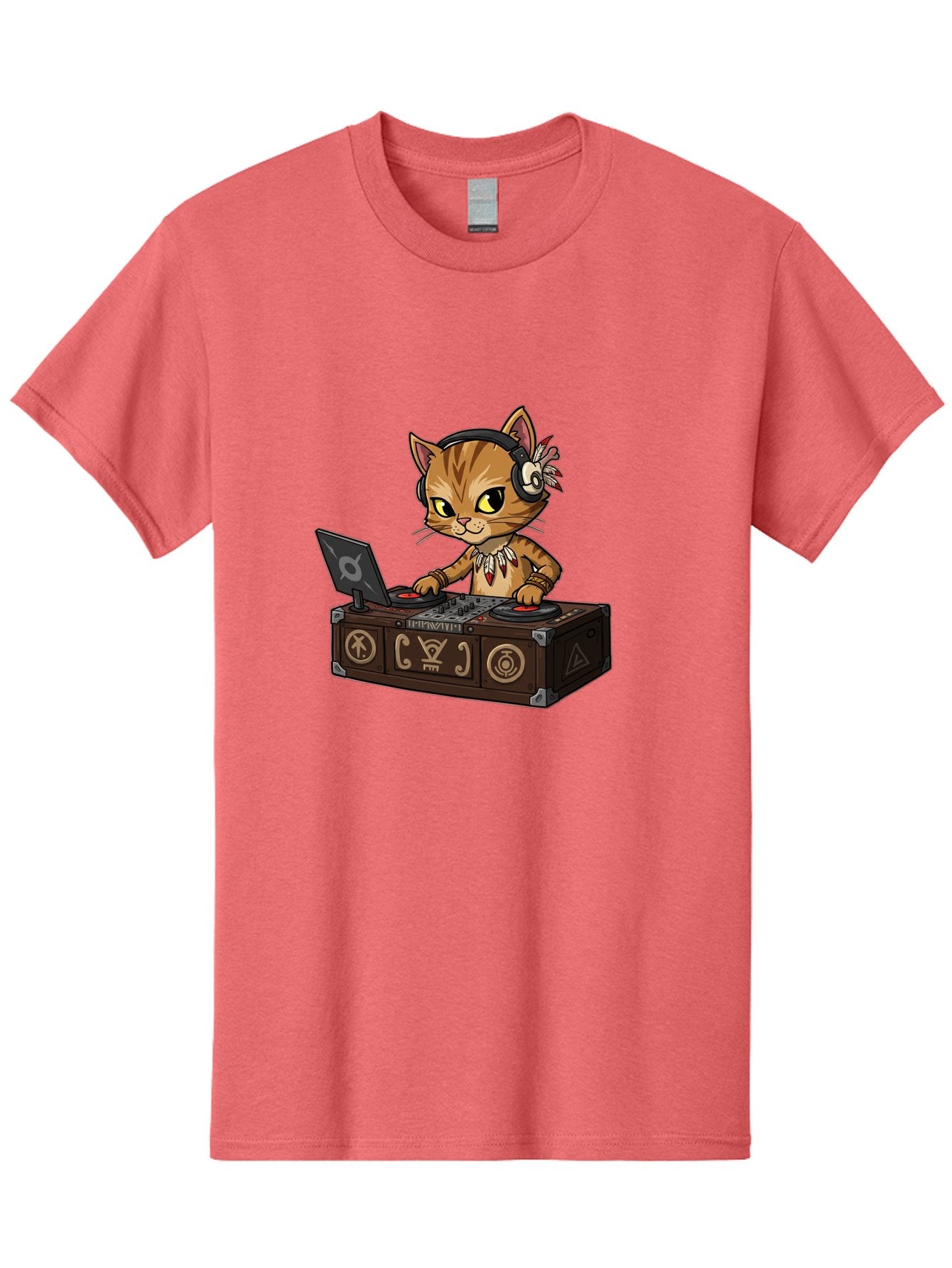 Dj-Cat-2 Men'S Graphic Tee, 100% Cotton, Comfortable Casual Summer Wear, Machine Washable, Cartoon Cat Dj, Mixing Music, Laptop And Turntables, Beat Maker, Electronic Dance Music, Dj Equipment, Feline Dj, Music Producer, Turntable Controls, Bad036 8