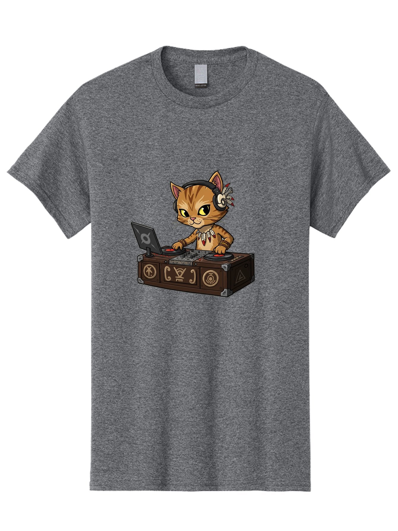 Dj-Cat-2 Men'S Graphic Tee, 100% Cotton, Comfortable Casual Summer Wear, Machine Washable, Cartoon Cat Dj, Mixing Music, Laptop And Turntables, Beat Maker, Electronic Dance Music, Dj Equipment, Feline Dj, Music Producer, Turntable Controls, Bad036 9