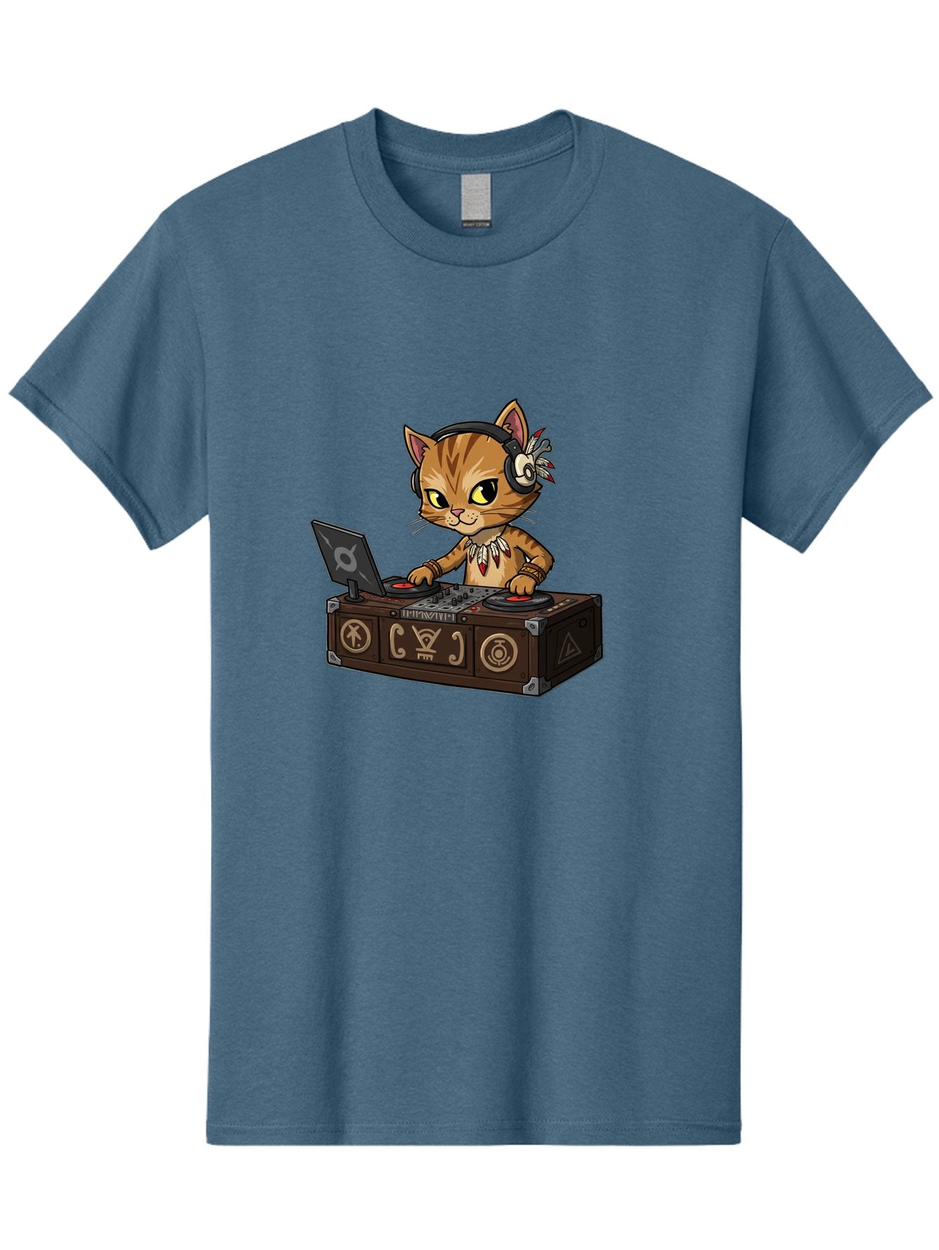 Dj-Cat-2 Men'S Graphic Tee, 100% Cotton, Comfortable Casual Summer Wear, Machine Washable, Cartoon Cat Dj, Mixing Music, Laptop And Turntables, Beat Maker, Electronic Dance Music, Dj Equipment, Feline Dj, Music Producer, Turntable Controls, Bad036 4