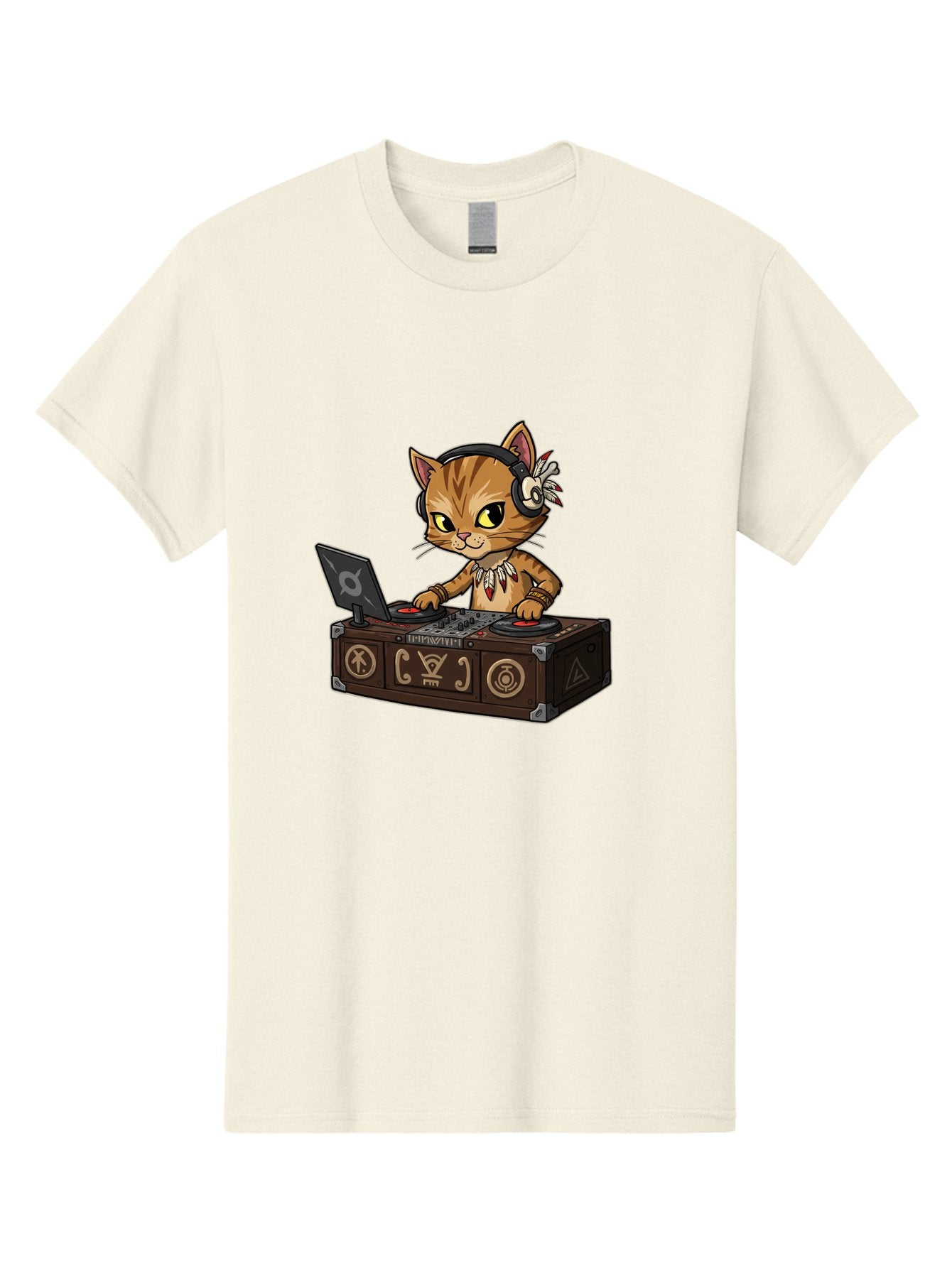 Dj-Cat-2 Men'S Graphic Tee, 100% Cotton, Comfortable Casual Summer Wear, Machine Washable, Cartoon Cat Dj, Mixing Music, Laptop And Turntables, Beat Maker, Electronic Dance Music, Dj Equipment, Feline Dj, Music Producer, Turntable Controls, Bad036
