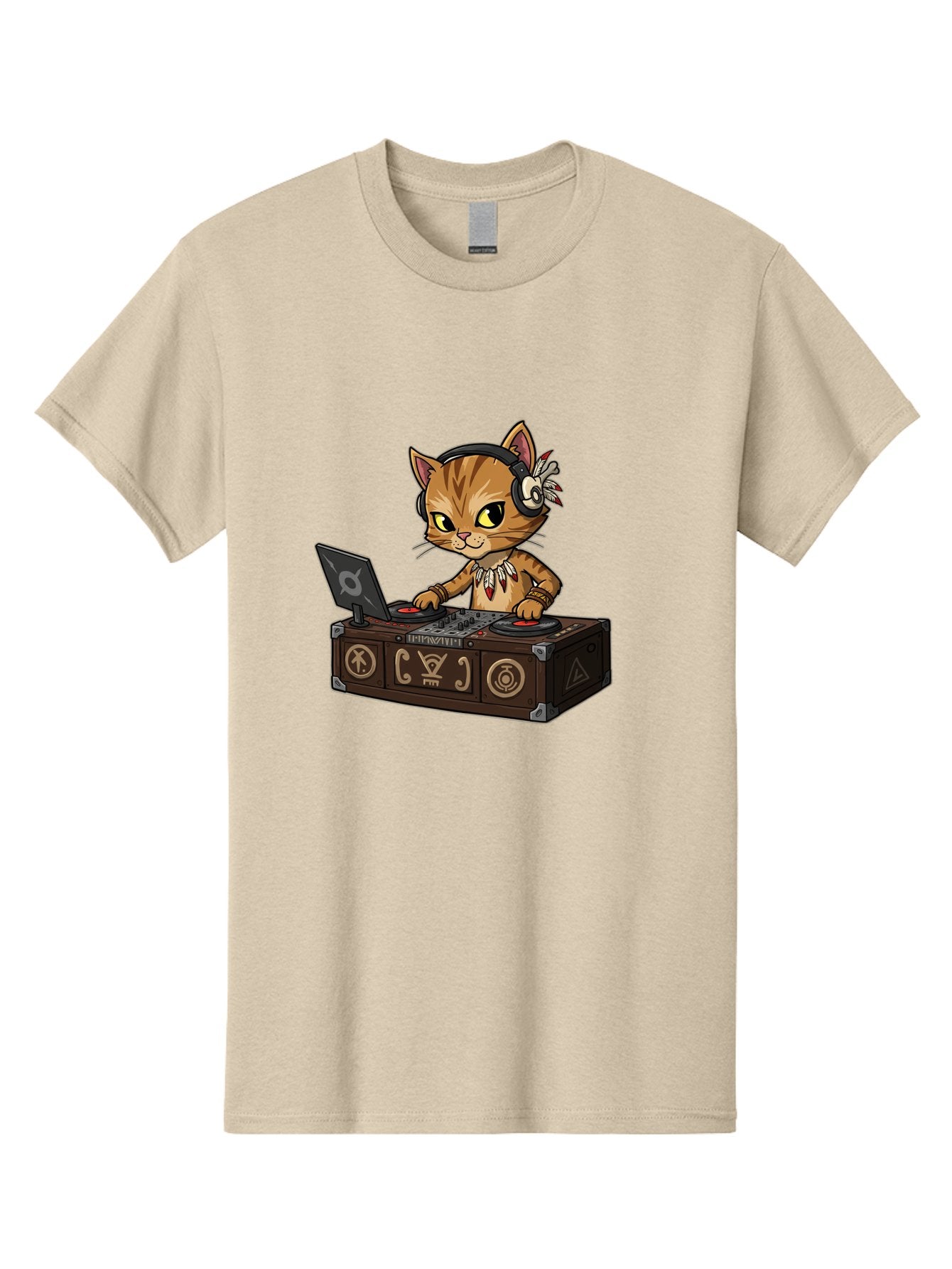 Dj-Cat-2 Men'S Graphic Tee, 100% Cotton, Comfortable Casual Summer Wear, Machine Washable, Cartoon Cat Dj, Mixing Music, Laptop And Turntables, Beat Maker, Electronic Dance Music, Dj Equipment, Feline Dj, Music Producer, Turntable Controls, Bad036 15