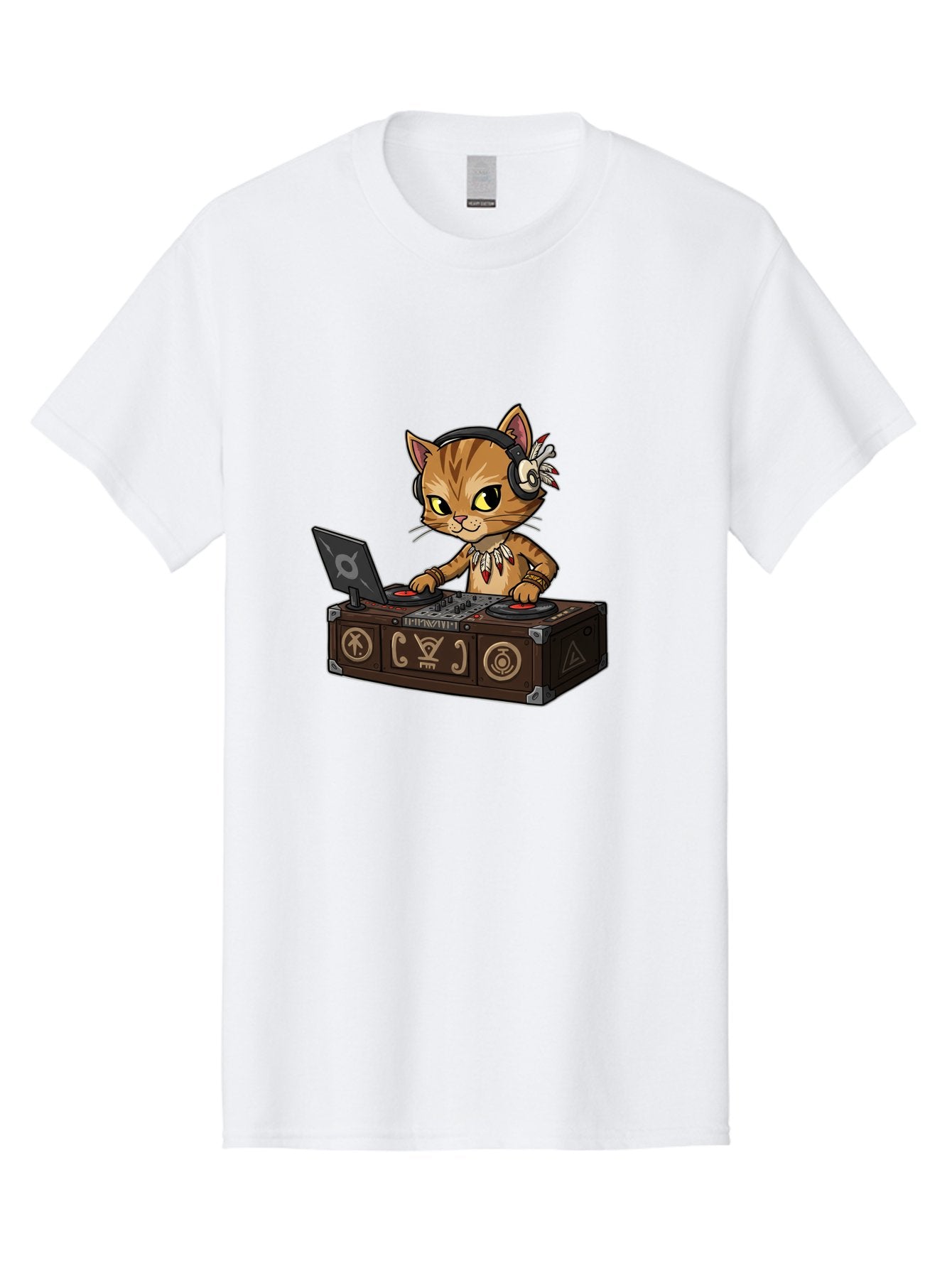 Dj-Cat-2 Men'S Graphic Tee, 100% Cotton, Comfortable Casual Summer Wear, Machine Washable, Cartoon Cat Dj, Mixing Music, Laptop And Turntables, Beat Maker, Electronic Dance Music, Dj Equipment, Feline Dj, Music Producer, Turntable Controls, Bad036 7