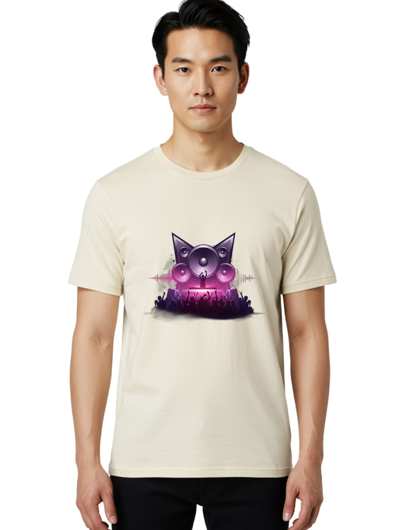 Dj-Cat-Speakers Men'S Graphic Tee, 100% Cotton, Comfortable Casual Summer Wear, Machine Washable, Dj On Stage, Cat Shaped Speakers, Concert Crowd, Music Festival, Electronic Dance Music, Lively Atmosphere, Vibrant Lights, Sound Waves Bad037 25