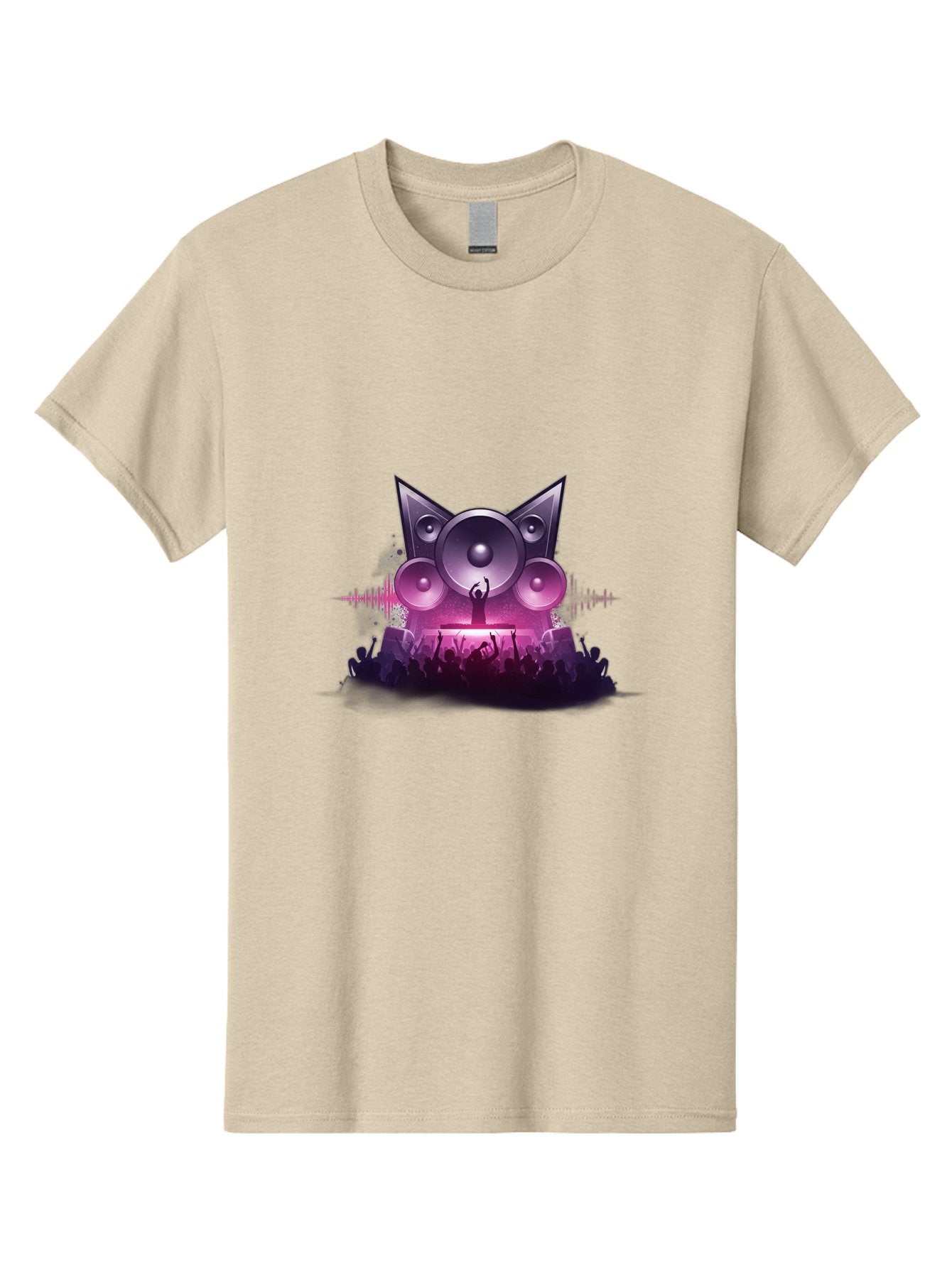 Dj-Cat-Speakers Men'S Graphic Tee, 100% Cotton, Comfortable Casual Summer Wear, Machine Washable, Dj On Stage, Cat Shaped Speakers, Concert Crowd, Music Festival, Electronic Dance Music, Lively Atmosphere, Vibrant Lights, Sound Waves Bad037 3