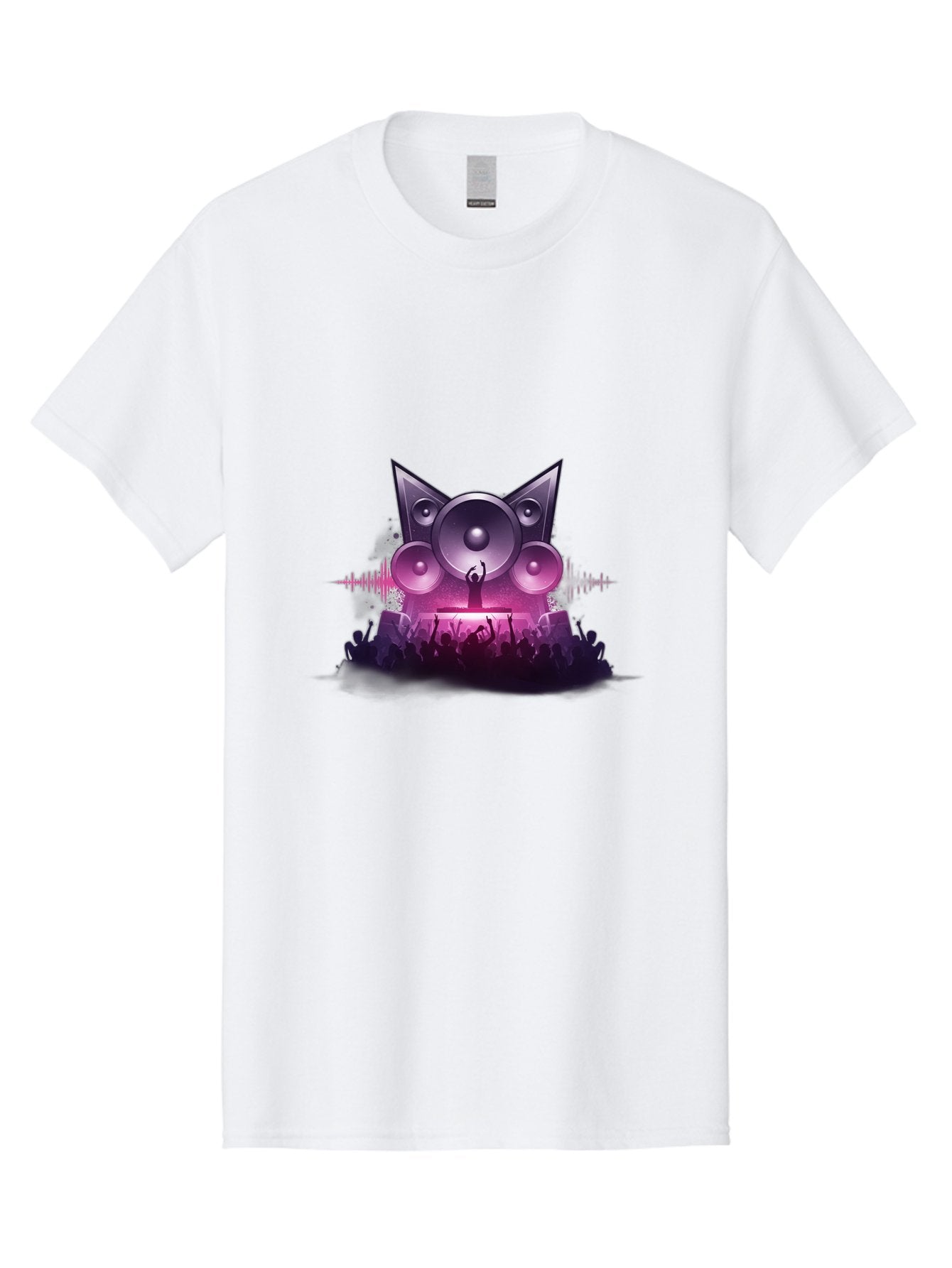 Dj-Cat-Speakers Men'S Graphic Tee, 100% Cotton, Comfortable Casual Summer Wear, Machine Washable, Dj On Stage, Cat Shaped Speakers, Concert Crowd, Music Festival, Electronic Dance Music, Lively Atmosphere, Vibrant Lights, Sound Waves Bad037