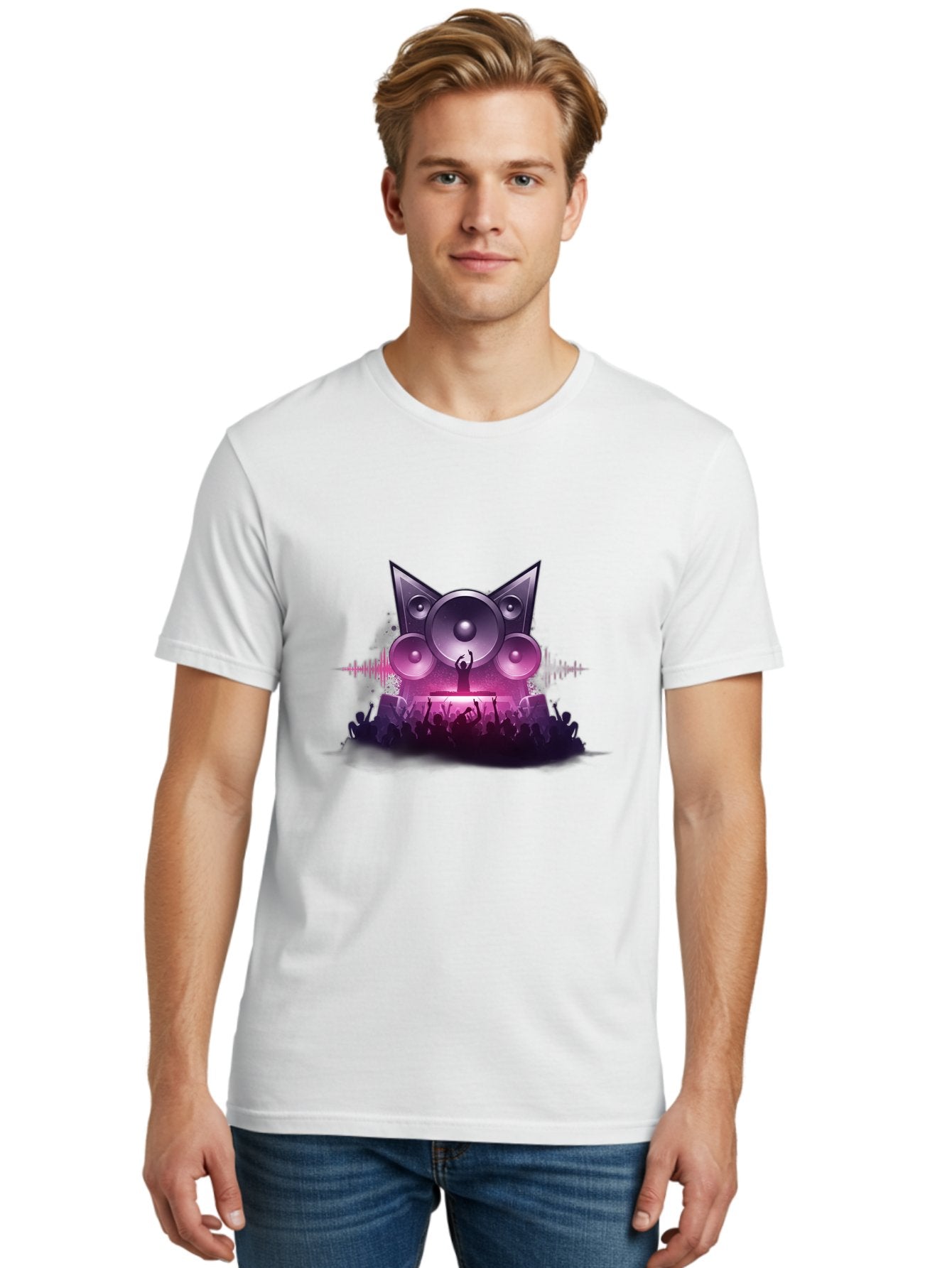 Dj-Cat-Speakers Men'S Graphic Tee, 100% Cotton, Comfortable Casual Summer Wear, Machine Washable, Dj On Stage, Cat Shaped Speakers, Concert Crowd, Music Festival, Electronic Dance Music, Lively Atmosphere, Vibrant Lights, Sound Waves Bad037 19