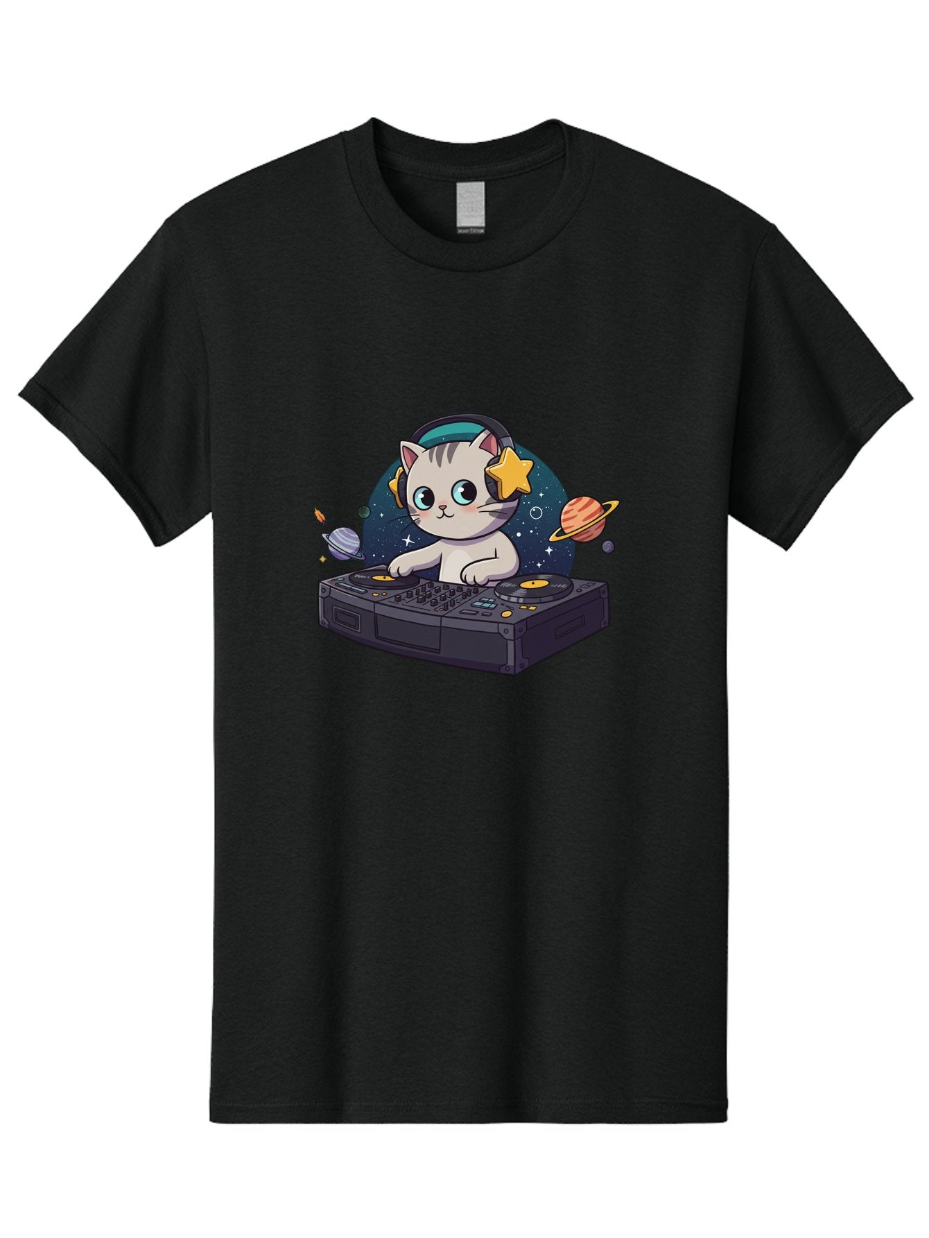 Dj-Cat Men'S Graphic Tee, 100% Cotton, Comfortable Casual Summer Wear, Machine Washable, Cat Djing, Dj Controller, Headphones, Cartoon Cat, Galaxy Background, Stars, Planets, Music, Djing, Electronic Dance Music Bad038 9