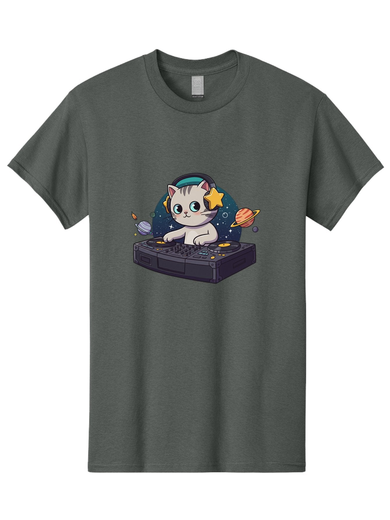 Dj-Cat Men'S Graphic Tee, 100% Cotton, Comfortable Casual Summer Wear, Machine Washable, Cat Djing, Dj Controller, Headphones, Cartoon Cat, Galaxy Background, Stars, Planets, Music, Djing, Electronic Dance Music Bad038 5