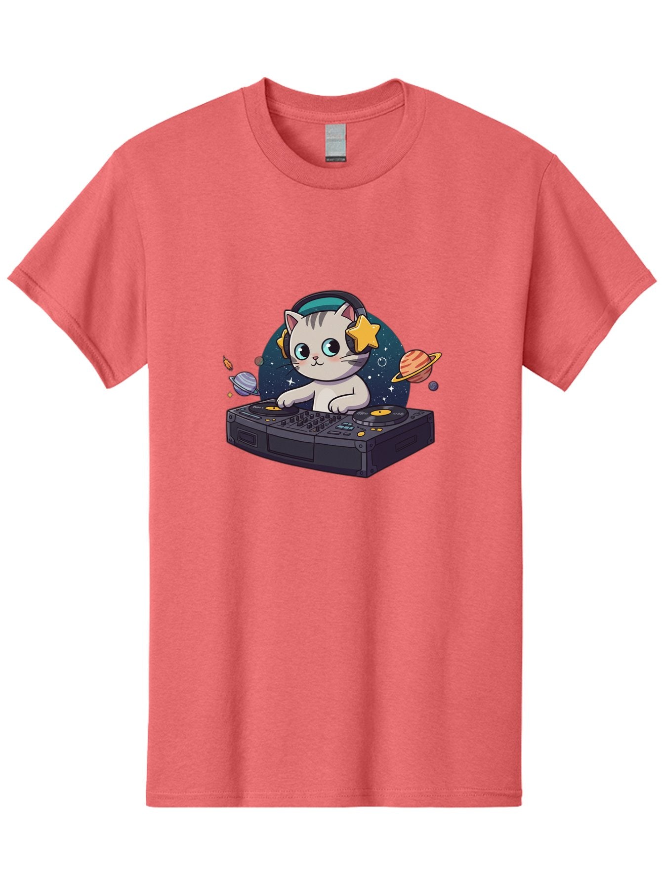 Dj-Cat Men'S Graphic Tee, 100% Cotton, Comfortable Casual Summer Wear, Machine Washable, Cat Djing, Dj Controller, Headphones, Cartoon Cat, Galaxy Background, Stars, Planets, Music, Djing, Electronic Dance Music Bad038 14