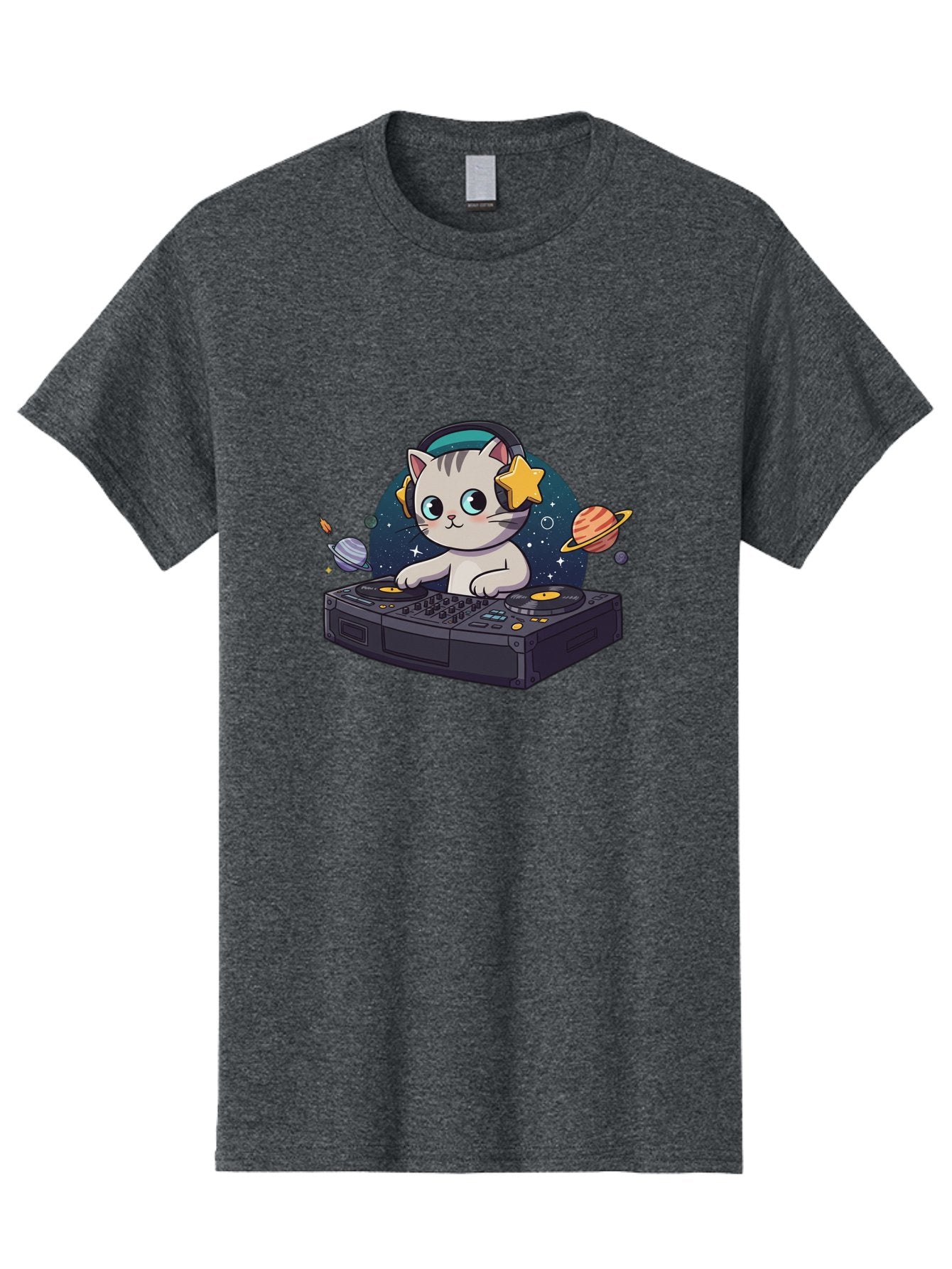 Dj-Cat Men'S Graphic Tee, 100% Cotton, Comfortable Casual Summer Wear, Machine Washable, Cat Djing, Dj Controller, Headphones, Cartoon Cat, Galaxy Background, Stars, Planets, Music, Djing, Electronic Dance Music Bad038 11