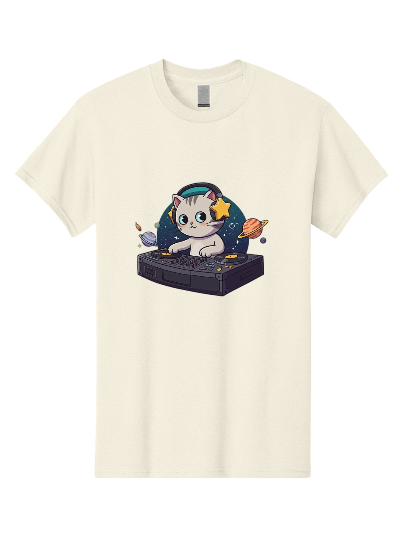 Dj-Cat Men'S Graphic Tee, 100% Cotton, Comfortable Casual Summer Wear, Machine Washable, Cat Djing, Dj Controller, Headphones, Cartoon Cat, Galaxy Background, Stars, Planets, Music, Djing, Electronic Dance Music Bad038 8