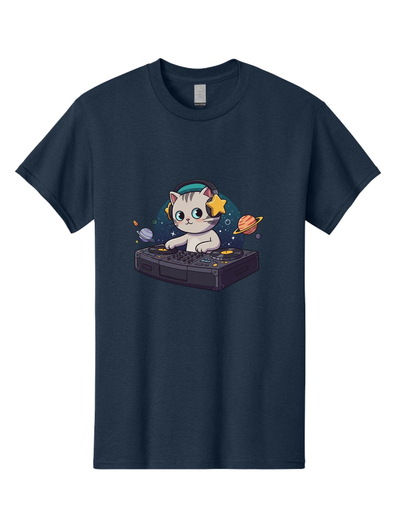 Dj-Cat Men'S Graphic Tee, 100% Cotton, Comfortable Casual Summer Wear, Machine Washable, Cat Djing, Dj Controller, Headphones, Cartoon Cat, Galaxy Background, Stars, Planets, Music, Djing, Electronic Dance Music Bad038 6