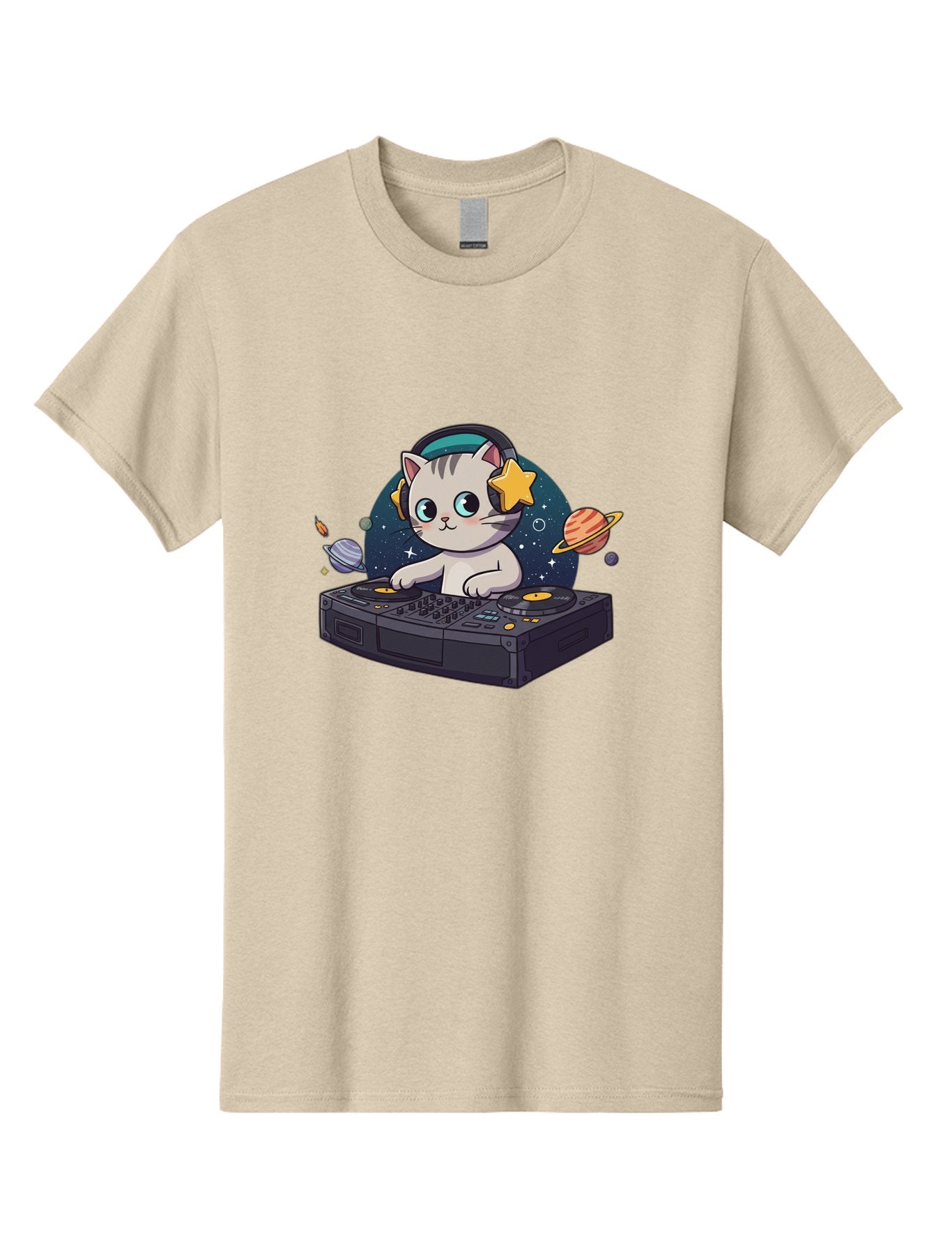 Dj-Cat Men'S Graphic Tee, 100% Cotton, Comfortable Casual Summer Wear, Machine Washable, Cat Djing, Dj Controller, Headphones, Cartoon Cat, Galaxy Background, Stars, Planets, Music, Djing, Electronic Dance Music Bad038