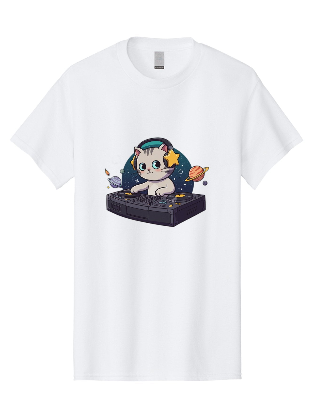 Dj-Cat Men'S Graphic Tee, 100% Cotton, Comfortable Casual Summer Wear, Machine Washable, Cat Djing, Dj Controller, Headphones, Cartoon Cat, Galaxy Background, Stars, Planets, Music, Djing, Electronic Dance Music Bad038 10