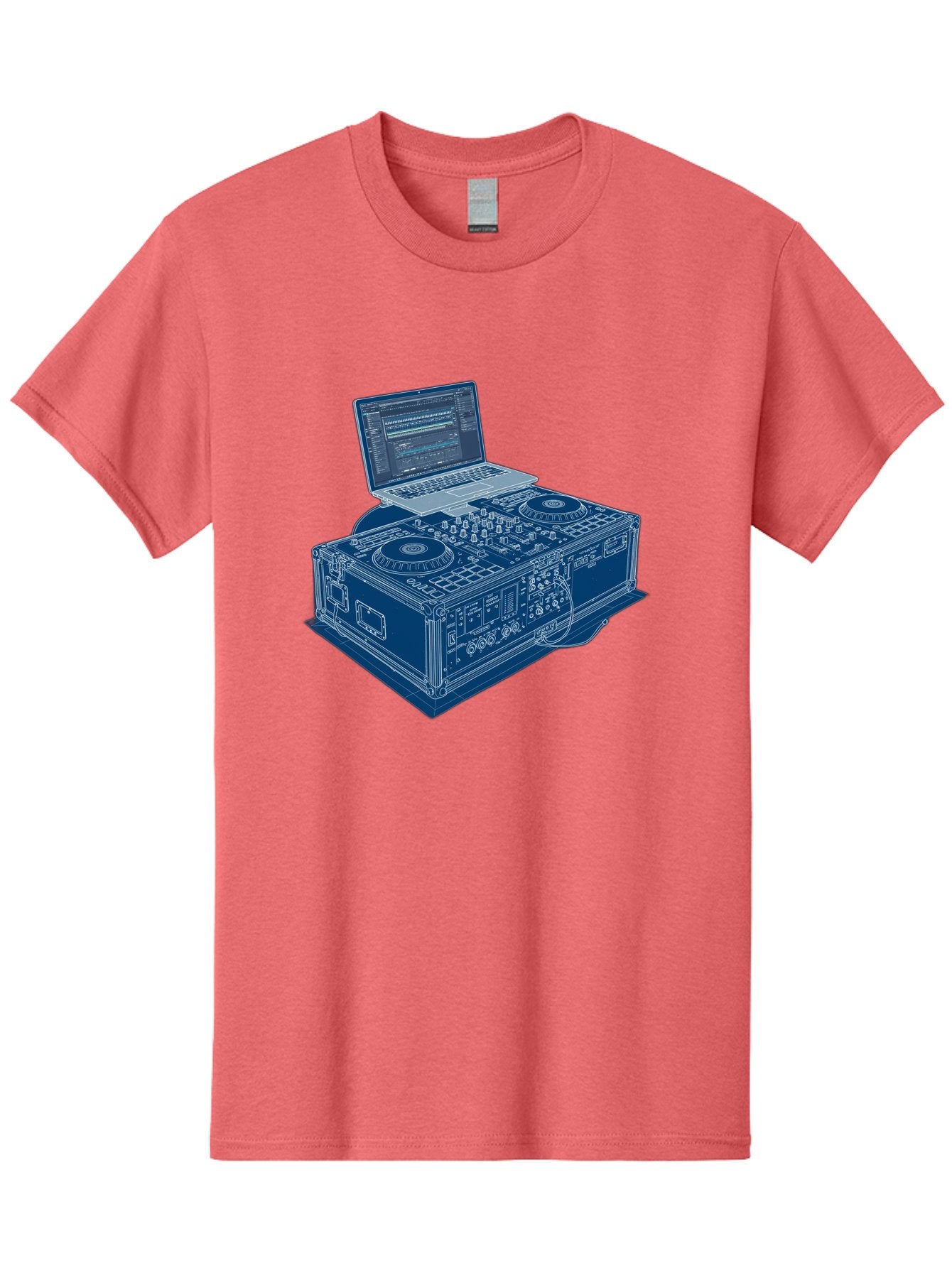 Dj-Controller-And-Laptop Men'S Graphic Tee, 100% Cotton, Comfortable Casual Summer Wear, Machine Washable, Dj Setup, Dj Software, Electronic Dance Music, Turntables, Mixing Console, Sound Equipment, Music Production, Audio Interface, Bad040