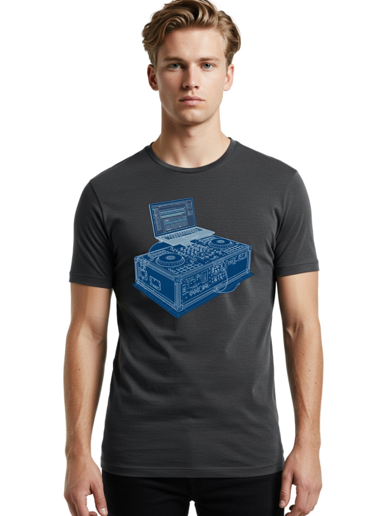 Dj-Controller-And-Laptop Men'S Graphic Tee, 100% Cotton, Comfortable Casual Summer Wear, Machine Washable, Dj Setup, Dj Software, Electronic Dance Music, Turntables, Mixing Console, Sound Equipment, Music Production, Audio Interface, Bad040 24