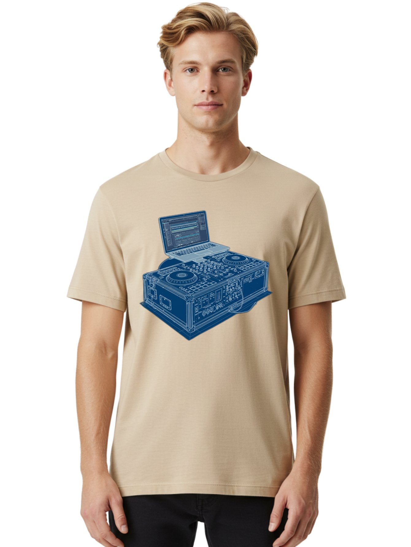 Dj-Controller-And-Laptop Men'S Graphic Tee, 100% Cotton, Comfortable Casual Summer Wear, Machine Washable, Dj Setup, Dj Software, Electronic Dance Music, Turntables, Mixing Console, Sound Equipment, Music Production, Audio Interface, Bad040 30