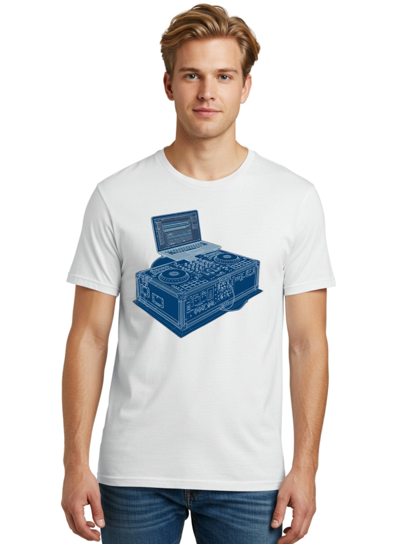 Dj-Controller-And-Laptop Men'S Graphic Tee, 100% Cotton, Comfortable Casual Summer Wear, Machine Washable, Dj Setup, Dj Software, Electronic Dance Music, Turntables, Mixing Console, Sound Equipment, Music Production, Audio Interface, Bad040 22