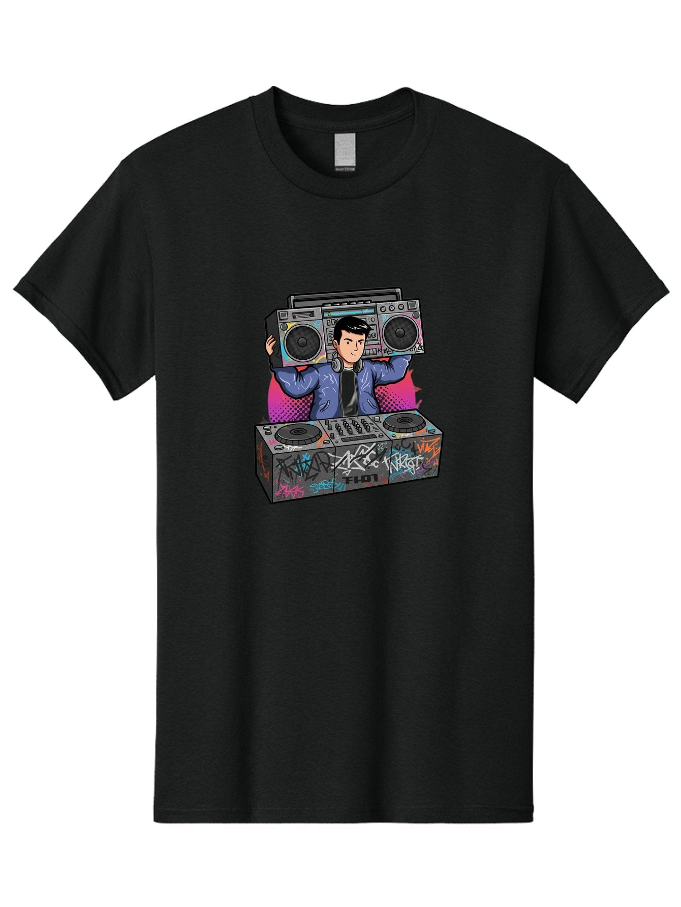 Dj-Mixing-1 Men'S Graphic Tee, 100% Cotton, Comfortable Casual Summer Wear, Machine Washable, Dj Spinning Tracks, Boombox Stereo, Graffiti Art, Turntables Mix, Dj Controller, Electronic Dance Music, Vibrant Colors, Urban Culture, Bad043 10