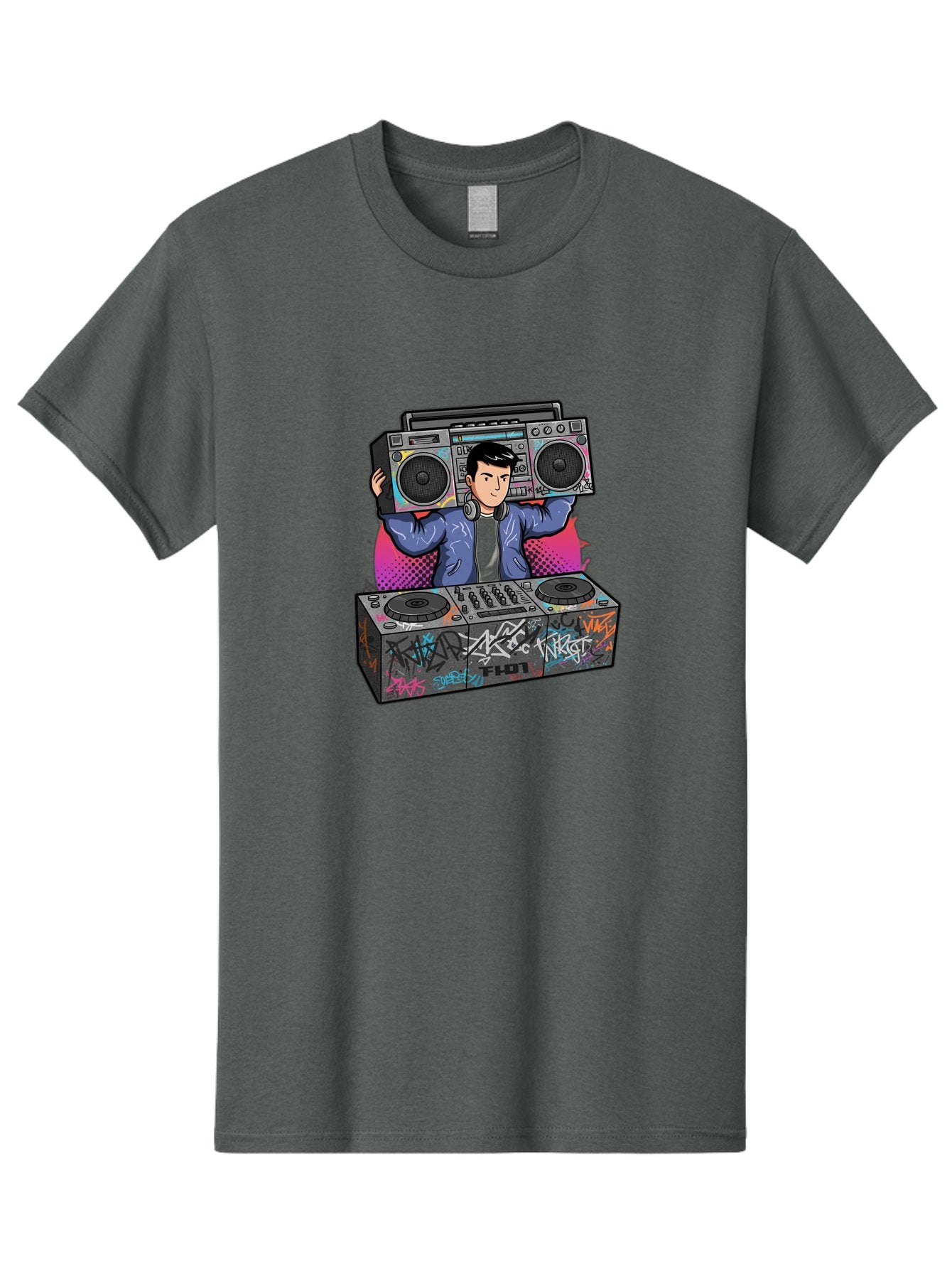 Dj-Mixing-1 Men'S Graphic Tee, 100% Cotton, Comfortable Casual Summer Wear, Machine Washable, Dj Spinning Tracks, Boombox Stereo, Graffiti Art, Turntables Mix, Dj Controller, Electronic Dance Music, Vibrant Colors, Urban Culture, Bad043 7
