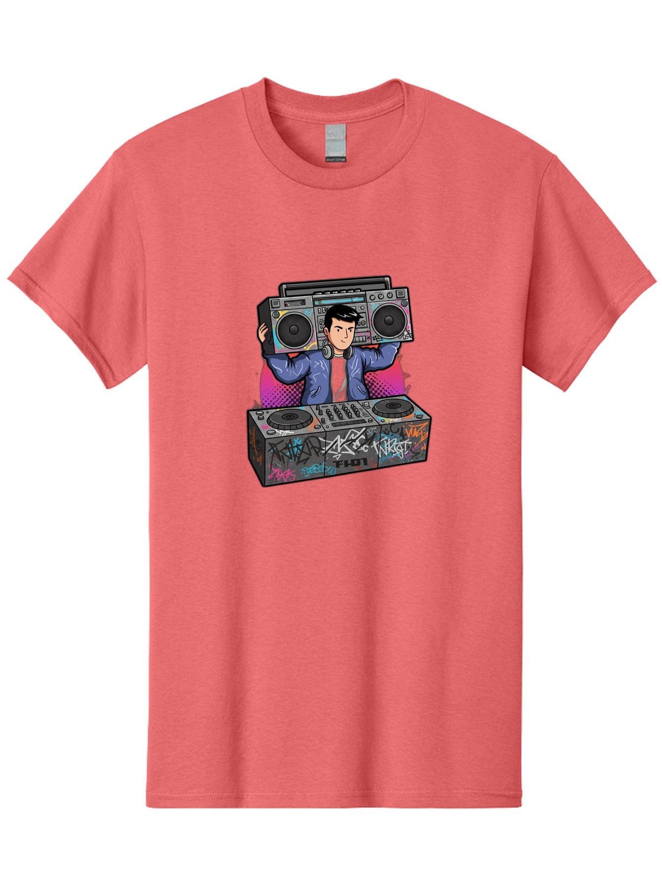 Dj-Mixing-1 Men'S Graphic Tee, 100% Cotton, Comfortable Casual Summer Wear, Machine Washable, Dj Spinning Tracks, Boombox Stereo, Graffiti Art, Turntables Mix, Dj Controller, Electronic Dance Music, Vibrant Colors, Urban Culture, Bad043 6
