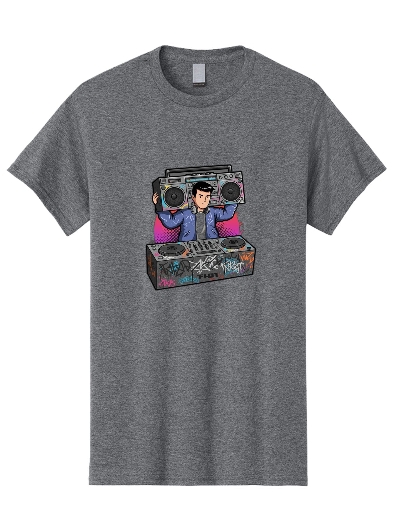 Dj-Mixing-1 Men'S Graphic Tee, 100% Cotton, Comfortable Casual Summer Wear, Machine Washable, Dj Spinning Tracks, Boombox Stereo, Graffiti Art, Turntables Mix, Dj Controller, Electronic Dance Music, Vibrant Colors, Urban Culture, Bad043 15