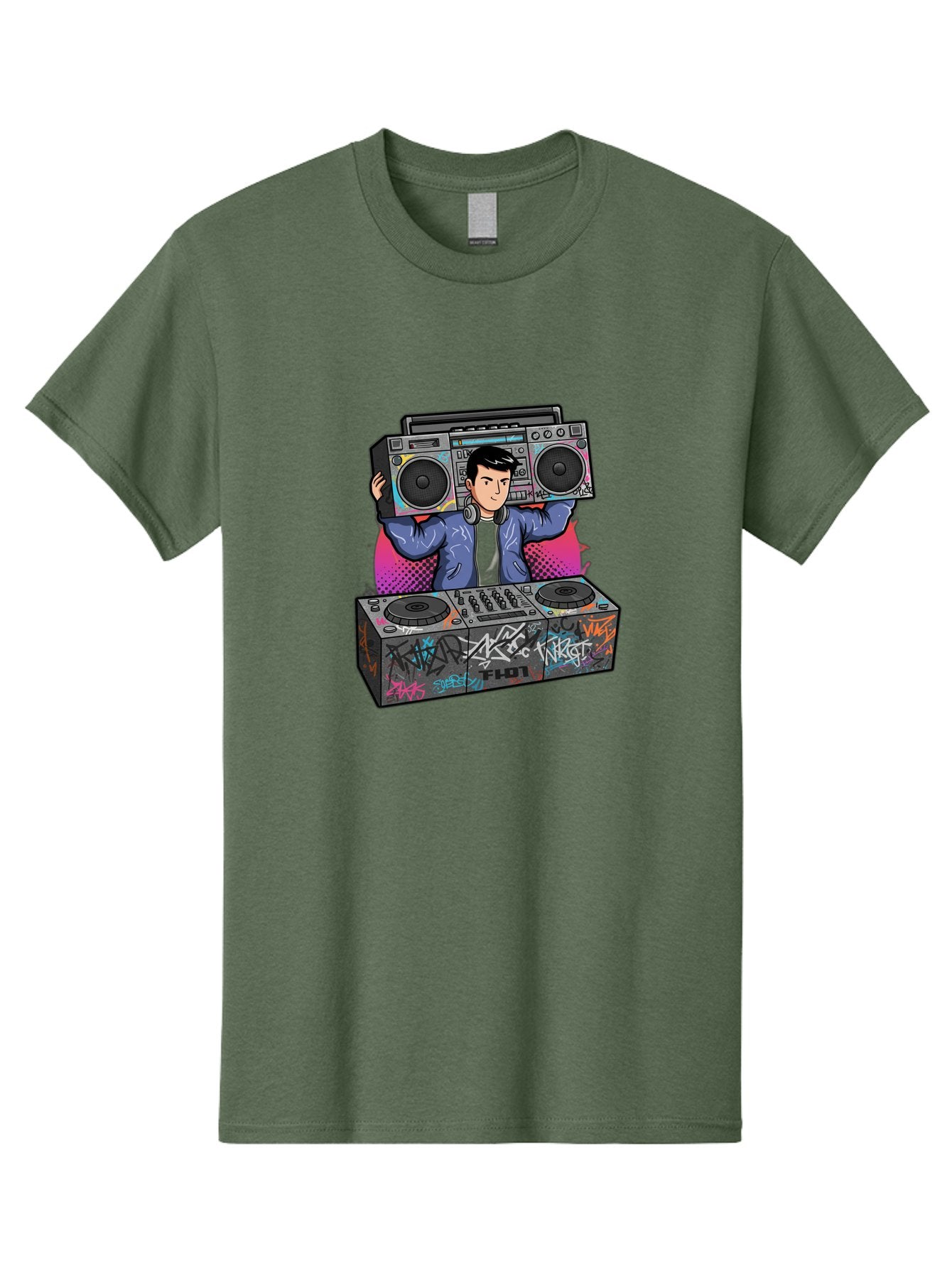 Dj-Mixing-1 Men'S Graphic Tee, 100% Cotton, Comfortable Casual Summer Wear, Machine Washable, Dj Spinning Tracks, Boombox Stereo, Graffiti Art, Turntables Mix, Dj Controller, Electronic Dance Music, Vibrant Colors, Urban Culture, Bad043 3
