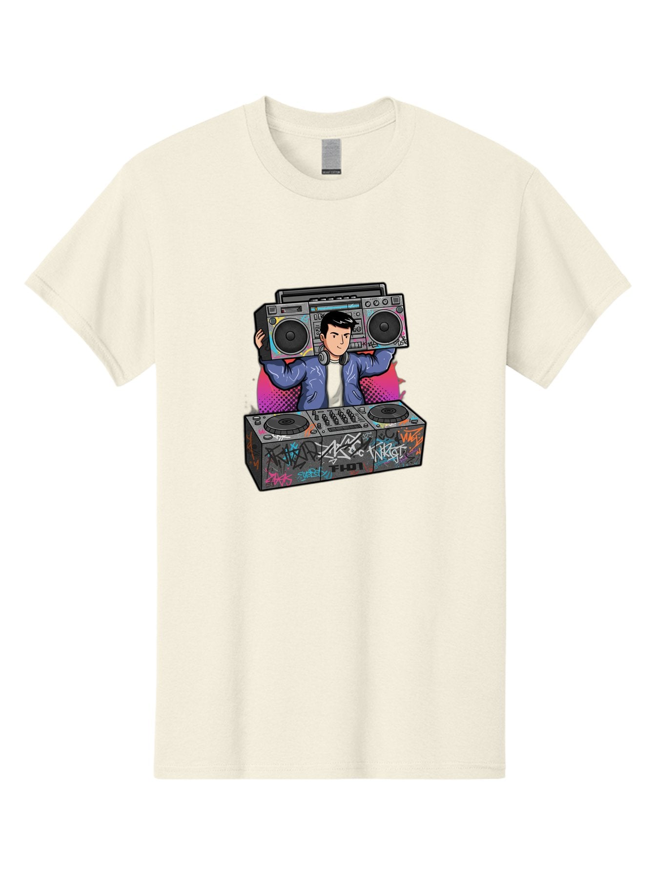 Dj-Mixing-1 Men'S Graphic Tee, 100% Cotton, Comfortable Casual Summer Wear, Machine Washable, Dj Spinning Tracks, Boombox Stereo, Graffiti Art, Turntables Mix, Dj Controller, Electronic Dance Music, Vibrant Colors, Urban Culture, Bad043