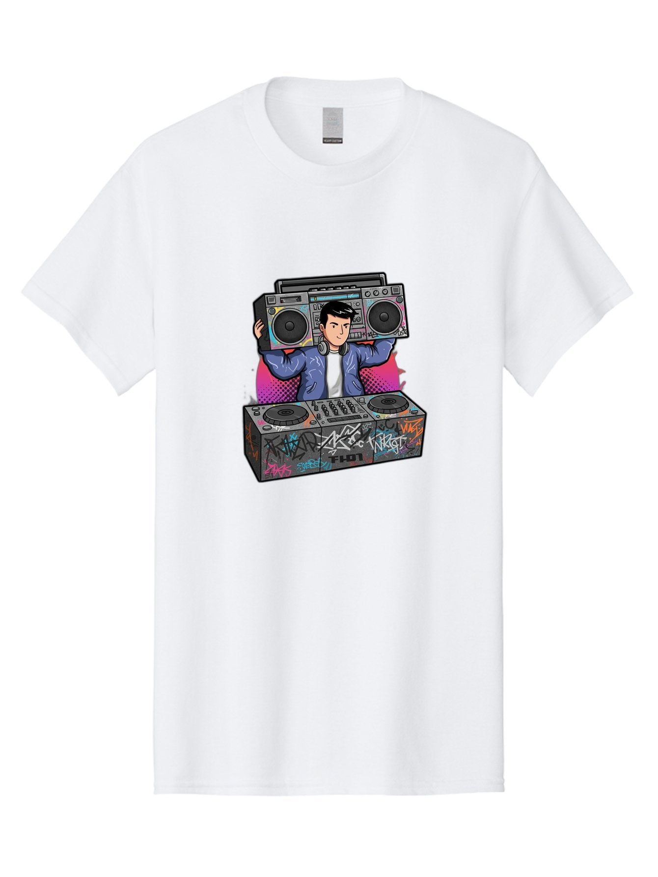 Dj-Mixing-1 Men'S Graphic Tee, 100% Cotton, Comfortable Casual Summer Wear, Machine Washable, Dj Spinning Tracks, Boombox Stereo, Graffiti Art, Turntables Mix, Dj Controller, Electronic Dance Music, Vibrant Colors, Urban Culture, Bad043 12