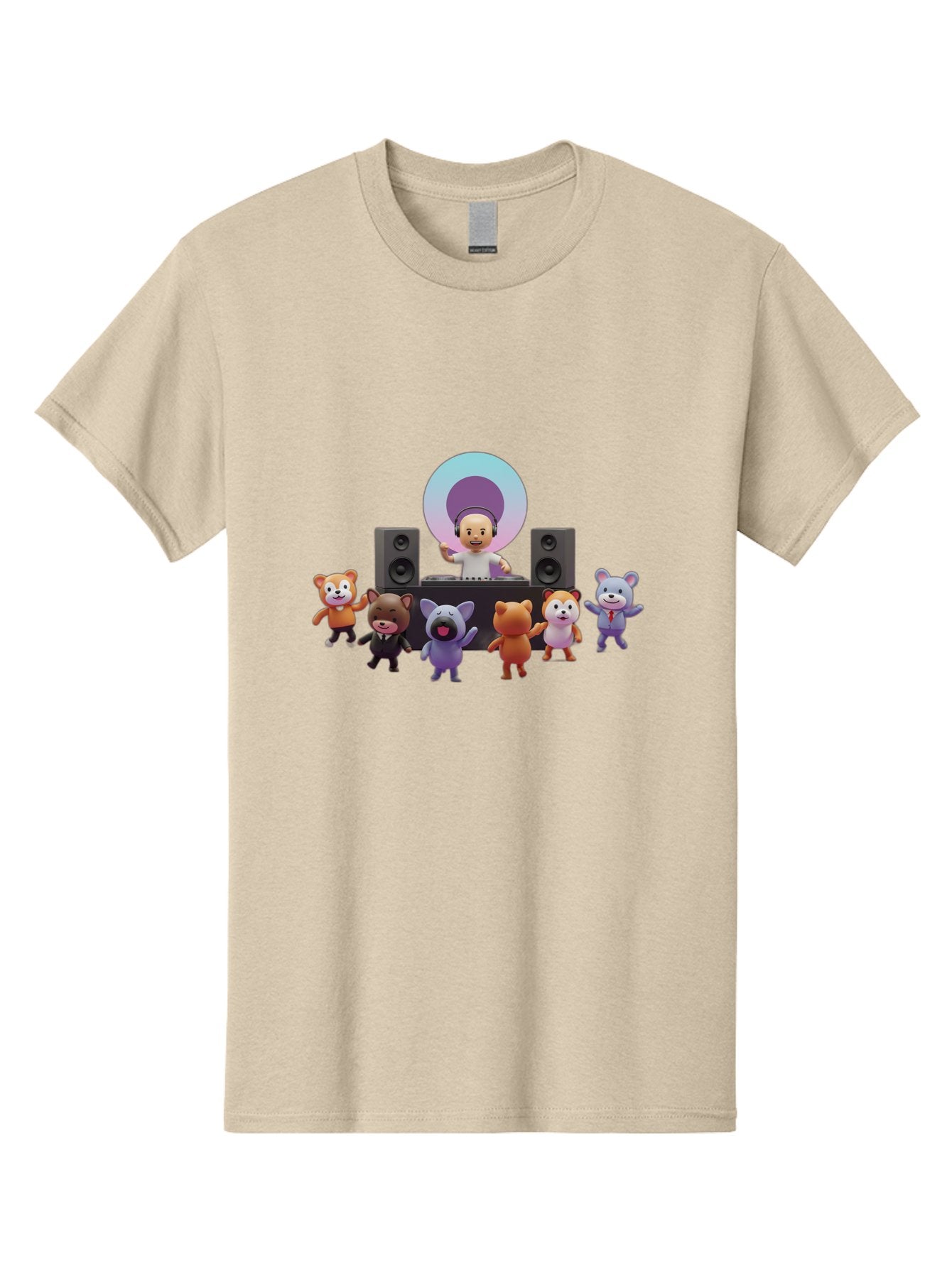 Dj-With-Animal-Friends Men'S Graphic Tee, 100% Cotton, Comfortable Casual Summer Wear, Machine Washable, Dj Spinning Tracks, Cartoon Animals Dancing, Fun Party Vibe, Music Festival Atmosphere, Happy Cartoon Characters, Dancing Bears, Fox, Bad047 11