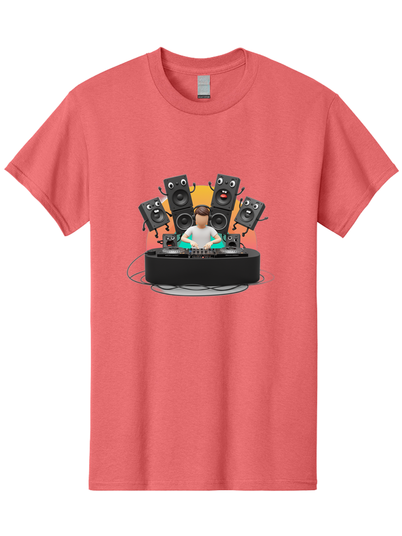 Dj-With-Funny-Speakers Men'S Graphic Tee, 100% Cotton, Comfortable Casual Summer Wear, Machine Washable, Dj Mixing Music On Turntables, Speaker Systems, Cartoon-Style Speakers With Faces, Electronic Dance Music, Sound Equipment, Dj Setup, Bad048