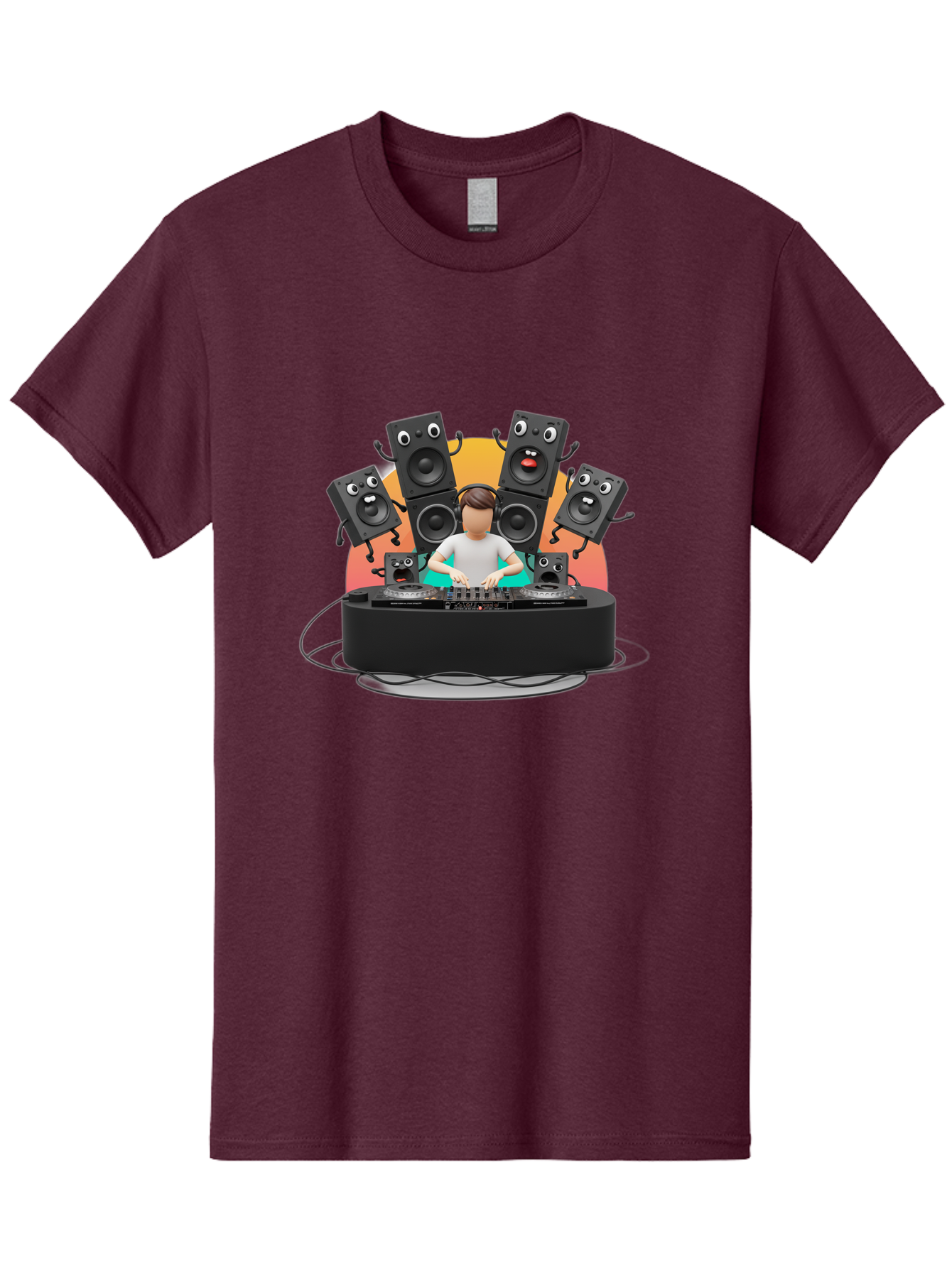 Dj-With-Funny-Speakers Men'S Graphic Tee, 100% Cotton, Comfortable Casual Summer Wear, Machine Washable, Dj Mixing Music On Turntables, Speaker Systems, Cartoon-Style Speakers With Faces, Electronic Dance Music, Sound Equipment, Dj Setup, Bad048
