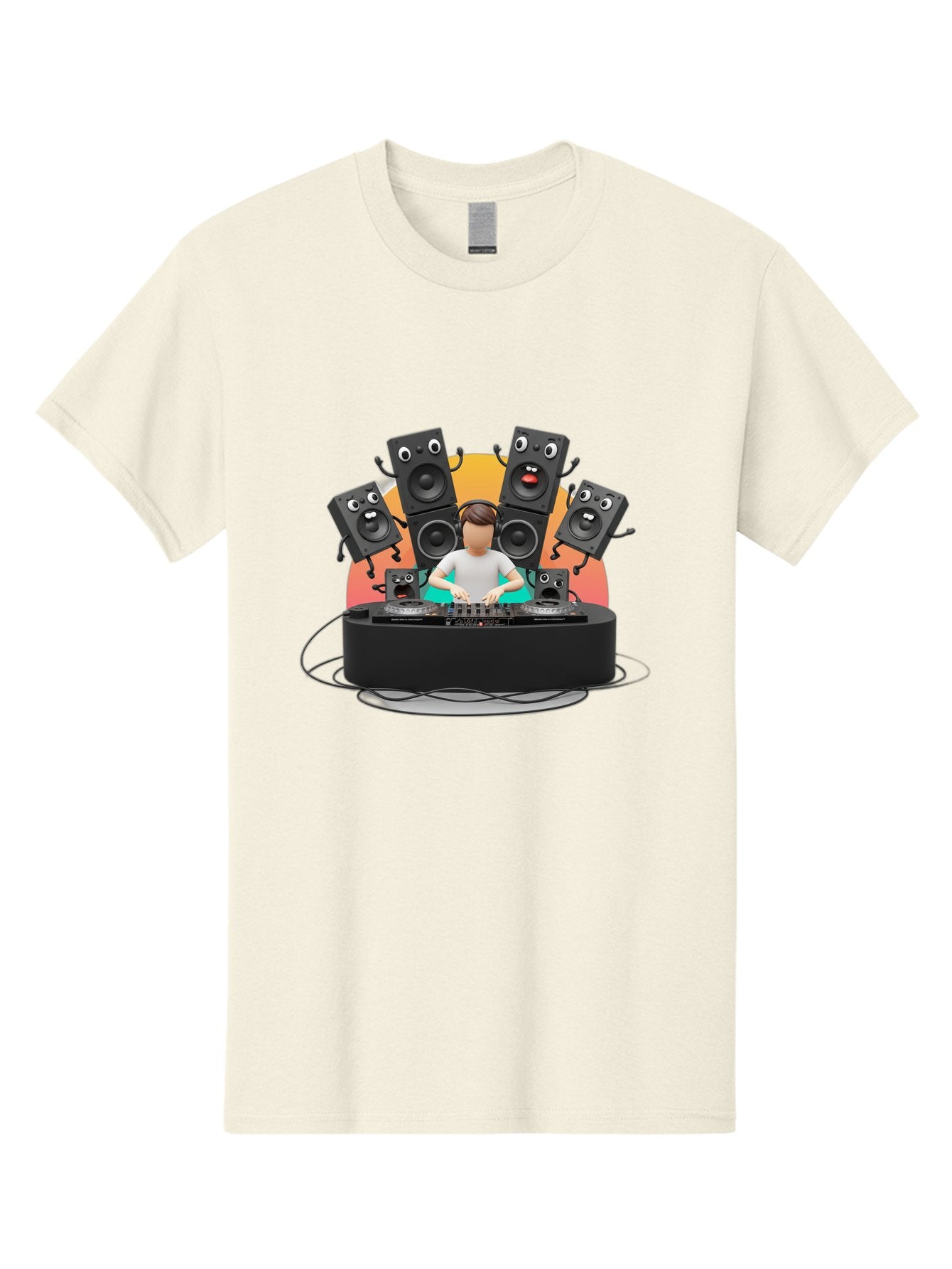 Dj-With-Funny-Speakers Men'S Graphic Tee, 100% Cotton, Comfortable Casual Summer Wear, Machine Washable, Dj Mixing Music On Turntables, Speaker Systems, Cartoon-Style Speakers With Faces, Electronic Dance Music, Sound Equipment, Dj Setup, Bad048 8