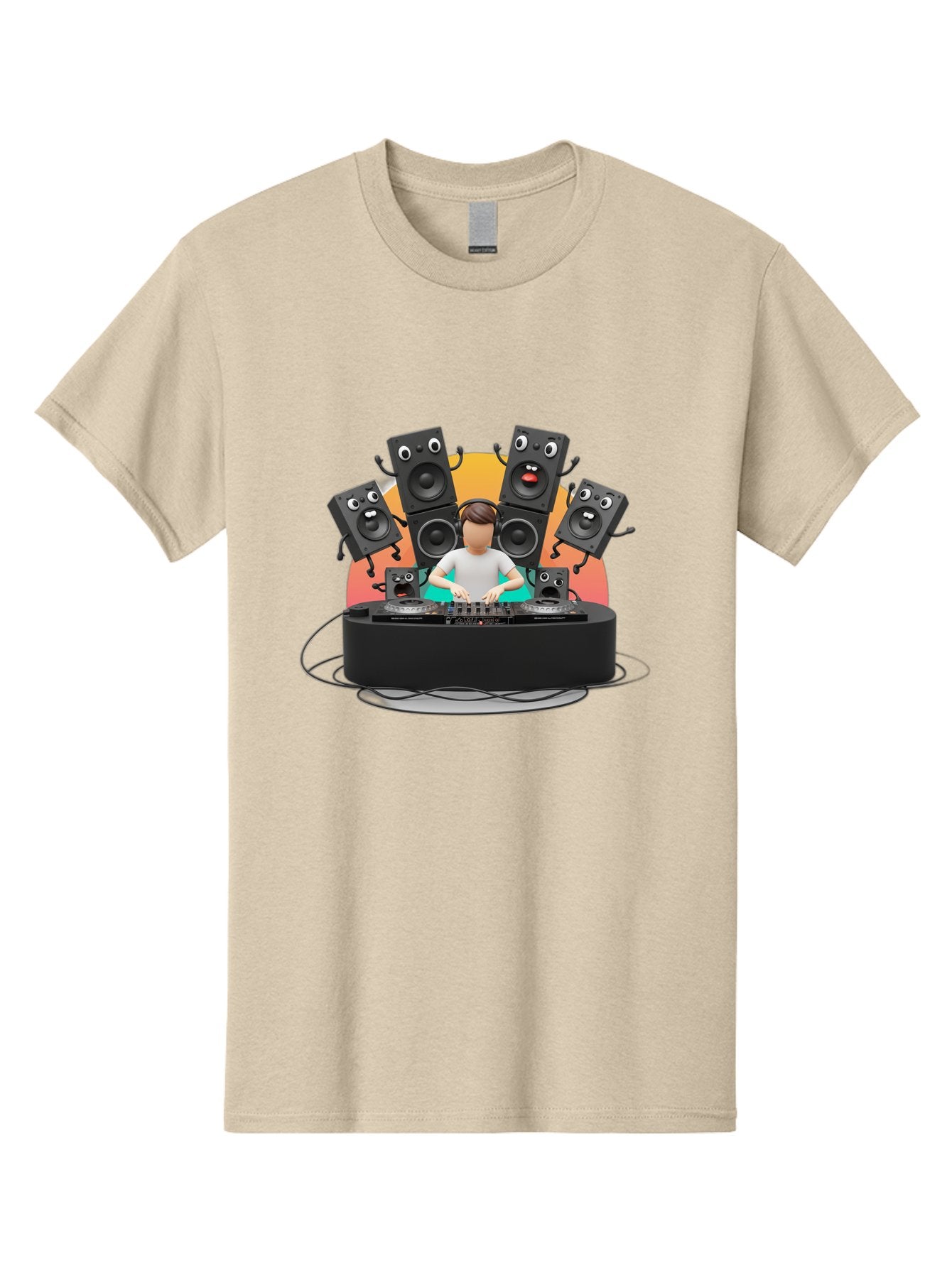 Dj-With-Funny-Speakers Men'S Graphic Tee, 100% Cotton, Comfortable Casual Summer Wear, Machine Washable, Dj Mixing Music On Turntables, Speaker Systems, Cartoon-Style Speakers With Faces, Electronic Dance Music, Sound Equipment, Dj Setup, Bad048 7