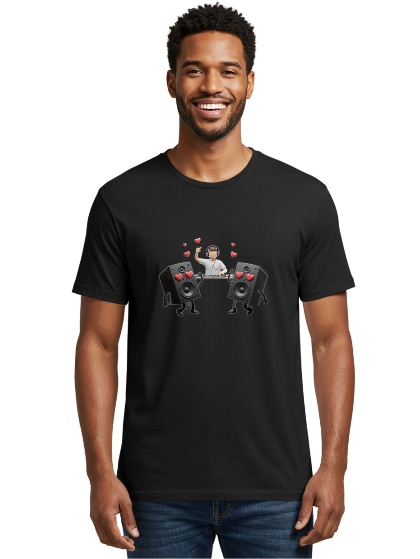 Dj-With-Heart-Speakers Men'S Graphic Tee, 100% Cotton, Comfortable Casual Summer Wear, Machine Washable, Dj Spinning Tracks, Speakers With Hearts, Love For Music, Electronic Dance Music, Party Atmosphere, Vibrant Setting, Bad049 21